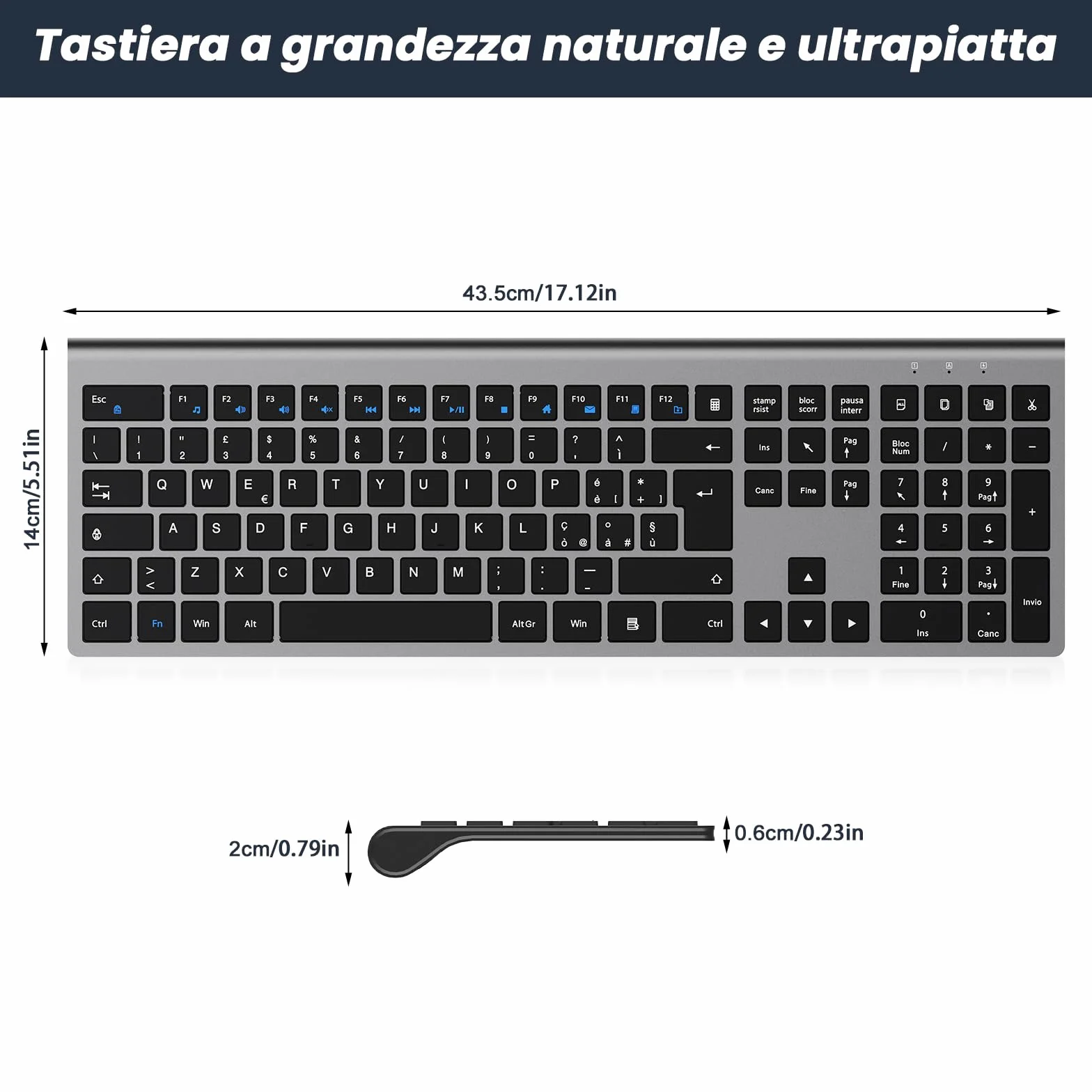 cimetech Tastiera wireless ricaricabile - Layout italiano QWERTY, digitate con facilità e raddoppiate la vostra efficienza - Tecnologia della tastiera per laptop di alta gamma （grigio）
