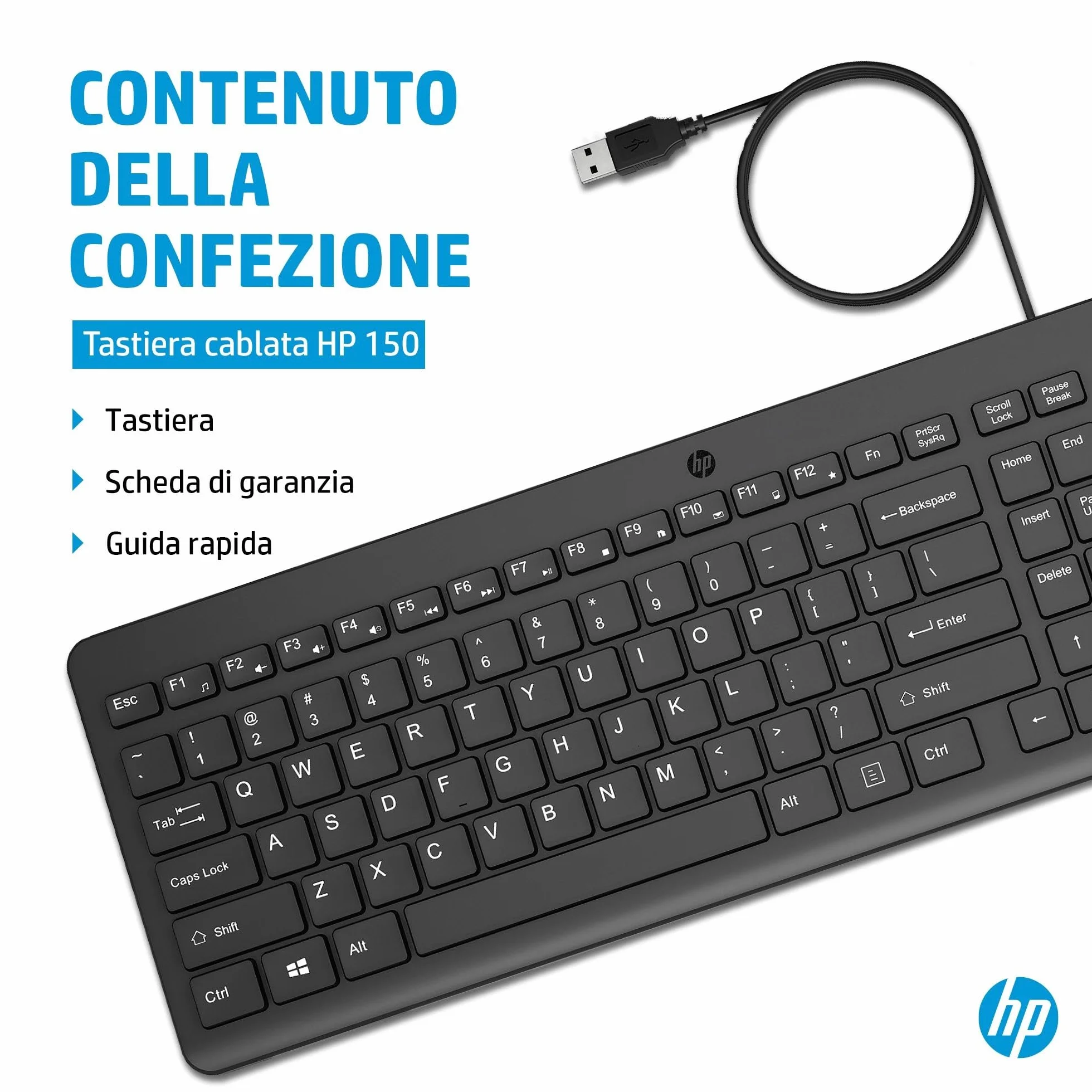 HP 150 Tastiera Cablata, Connessione con Cavo USB-A con la Lunghezza di 1 m, 12 Tasti Programmabili, Tastiera Qwerty, Layout Italiano, Compatibile con Windows 10 e 11, Nera
