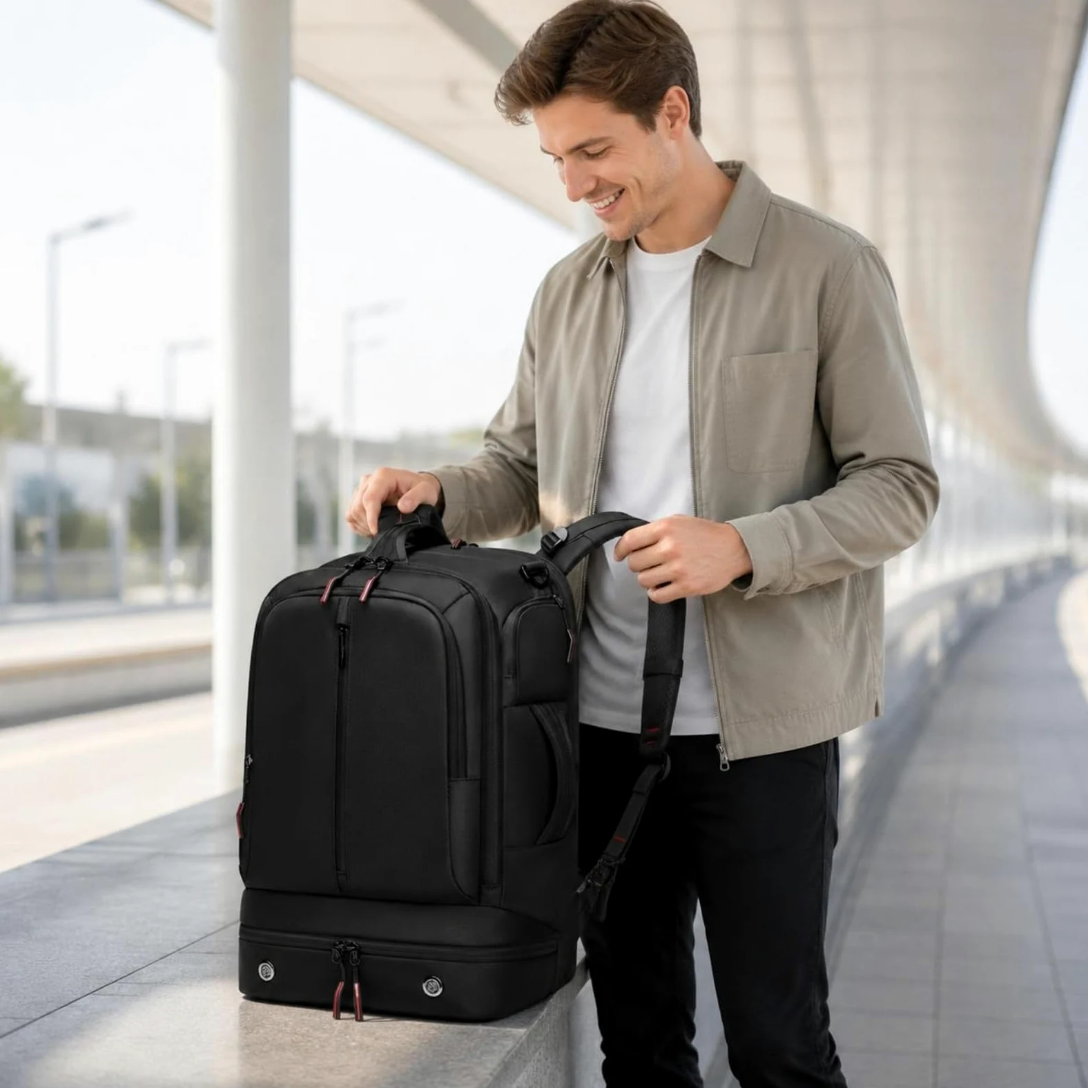 Zaino da Viaggio Uomo Convertibile con Tracolla Zaino Borsa a Spalla Borsa per Ufficio con Tasche Multiple E Protezione Laptop Spallacci Larghi E, Nero, Nero, 19