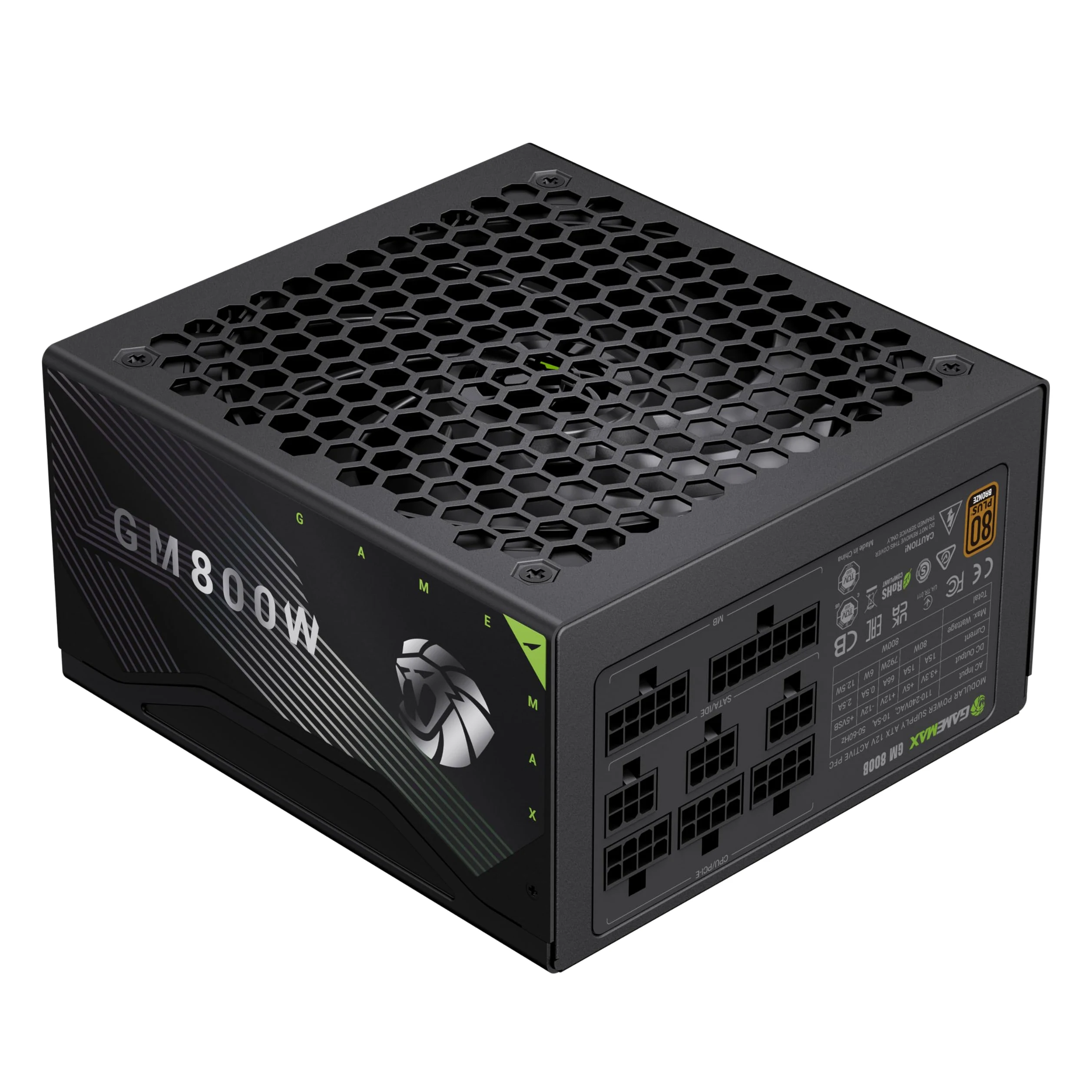 GAMEMAX GM 800B Alimentatore PC 800W Full Modular, 80Plus Bronze, Active PFC & DC-to-DC, ATX Single 12V Rail, Ventola 140mm Condensatori di alta qualità, 7 funzioni di protezione, 5 anni di garanzia