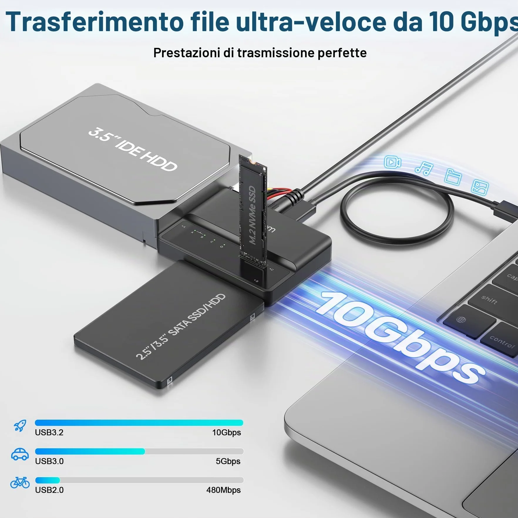 Alxum SSD Enclosure IDE M2 NVME e adattatore per HDD e SSD, adattatore da 10Gbps USB TypeC a M.2 e SATA3 e IDE per PCIe/Nvme e HDD/SSD