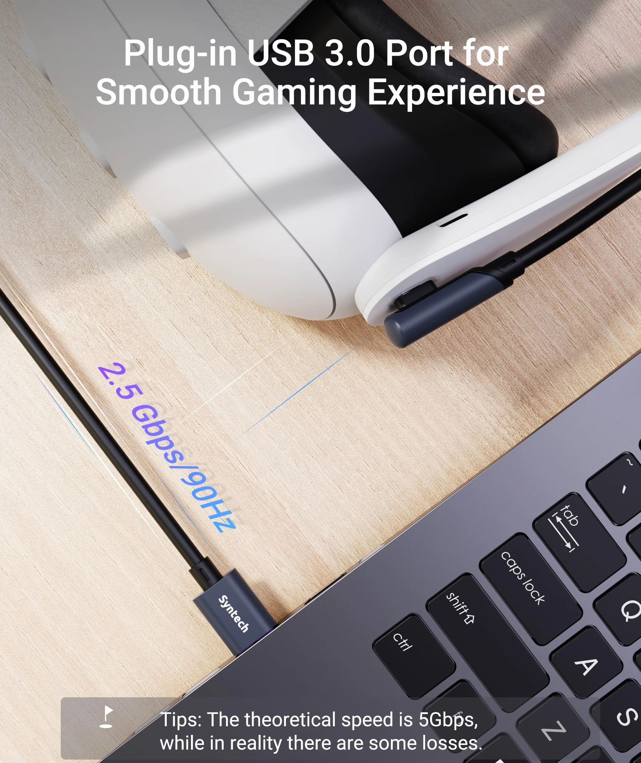 Syntech Cavo Link 5 Metri con Ricarica, Compatibile con Meta Quest 3/Oculus Quest 2 Accessori, VR cavo Link con Porta di Ricarica Separata, Cavo da USB 3.0 a Tipo C Leggero per PC/SteamVR, Nero