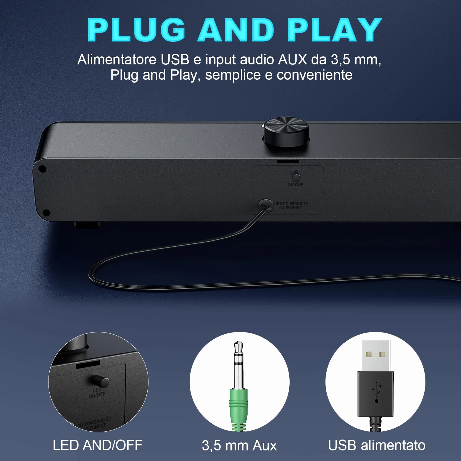 Altoparlante USB, soundbar per PC HPYLIF H, altoparlante da gioco per computer con audio stereo surround, luce RGB colorata, soundbar cablata per notebook, PC, laptop, desktop - plug and play
