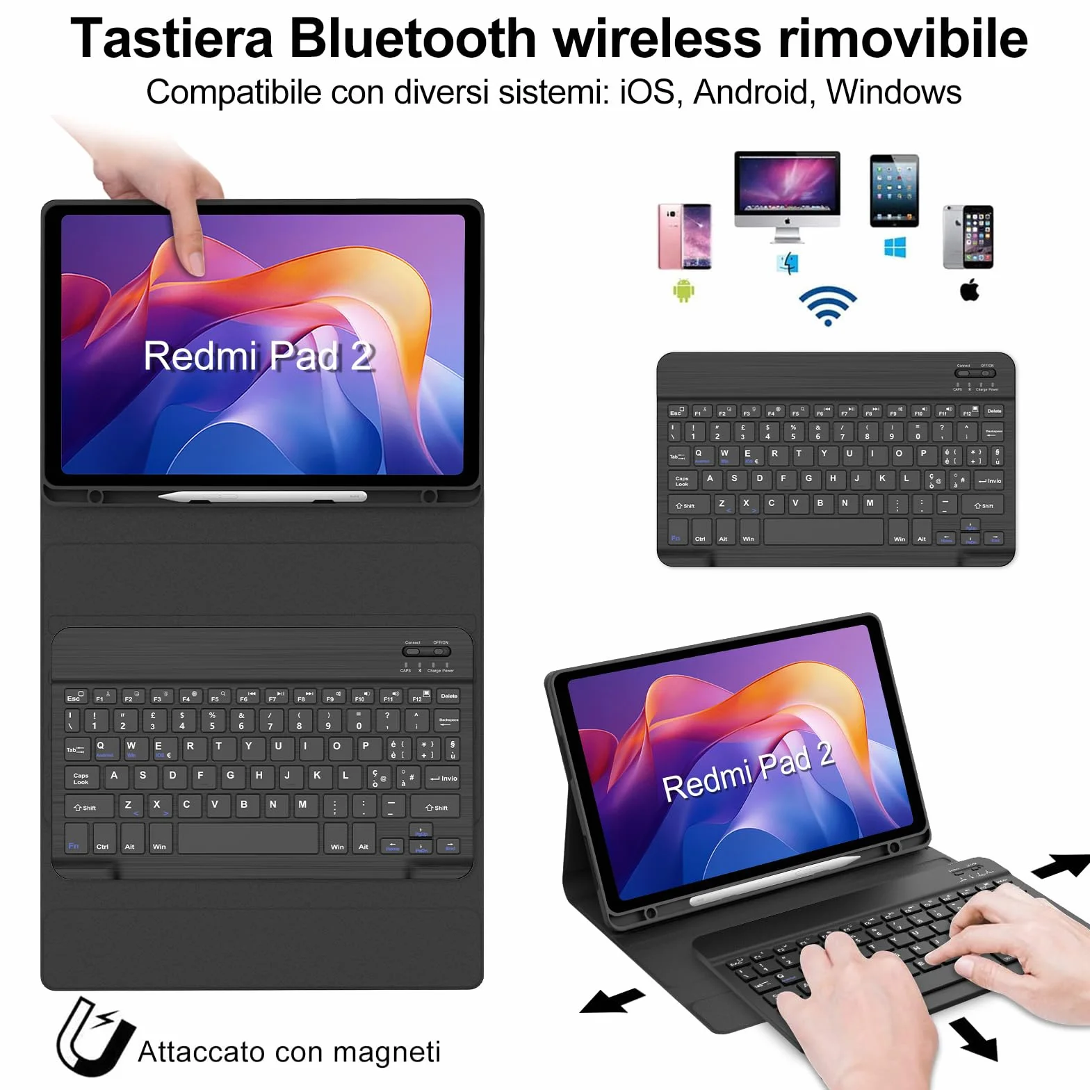 IVEOPPE Tastiera per Xiaomi Redmi Pad 2/ Remi SE 11", Cover con Tastiera Rimovibile, Keyboard Italiano QWERTY Bluetooth, Custodia con Portapenna, Nero
