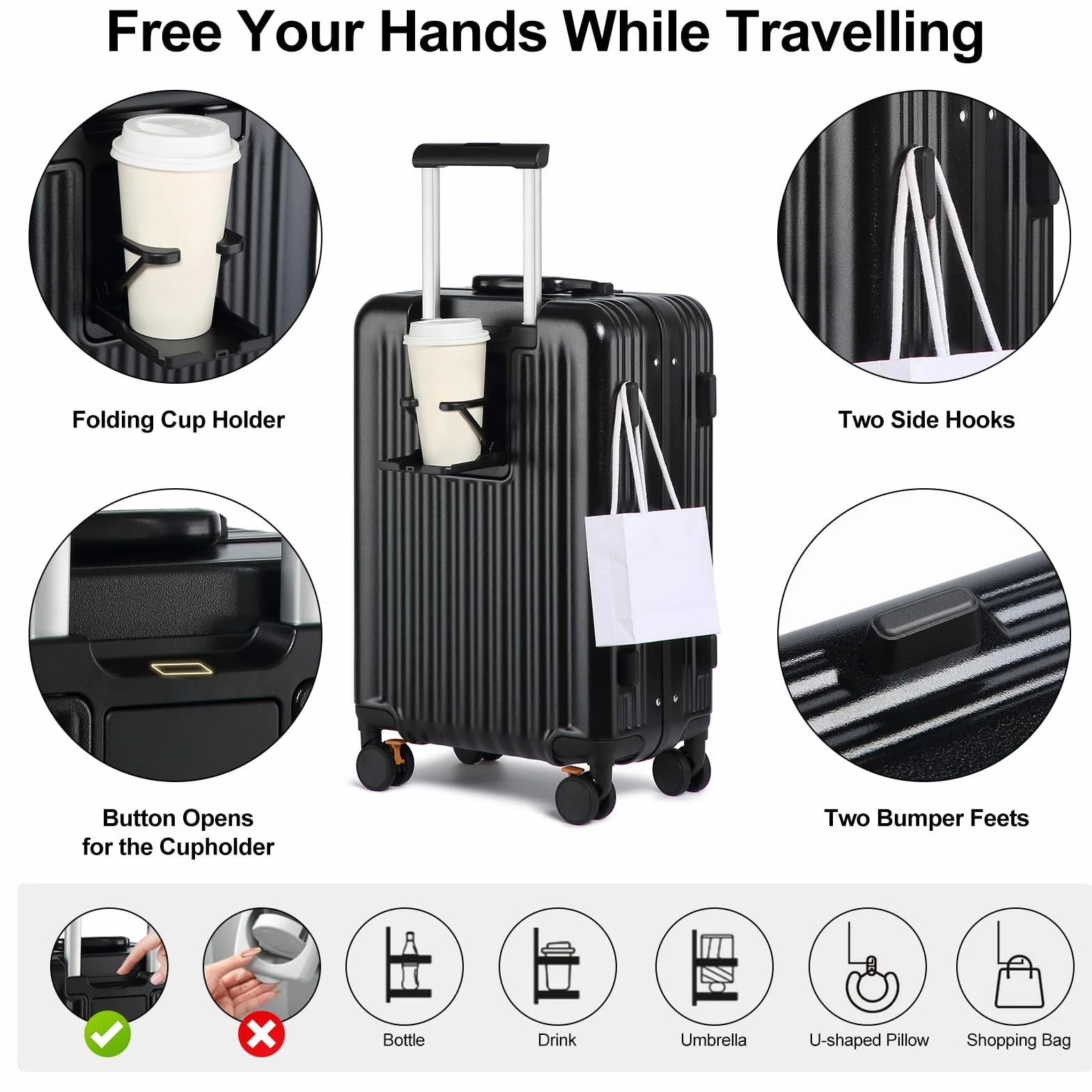 Sea choice Valigia Bagaglio a Mano con Tasca Frontale per Laptop 20" PC Valigia Trolley Porta con USB, 4 Rotelle con lucchetto TSA, Porta bicchieri