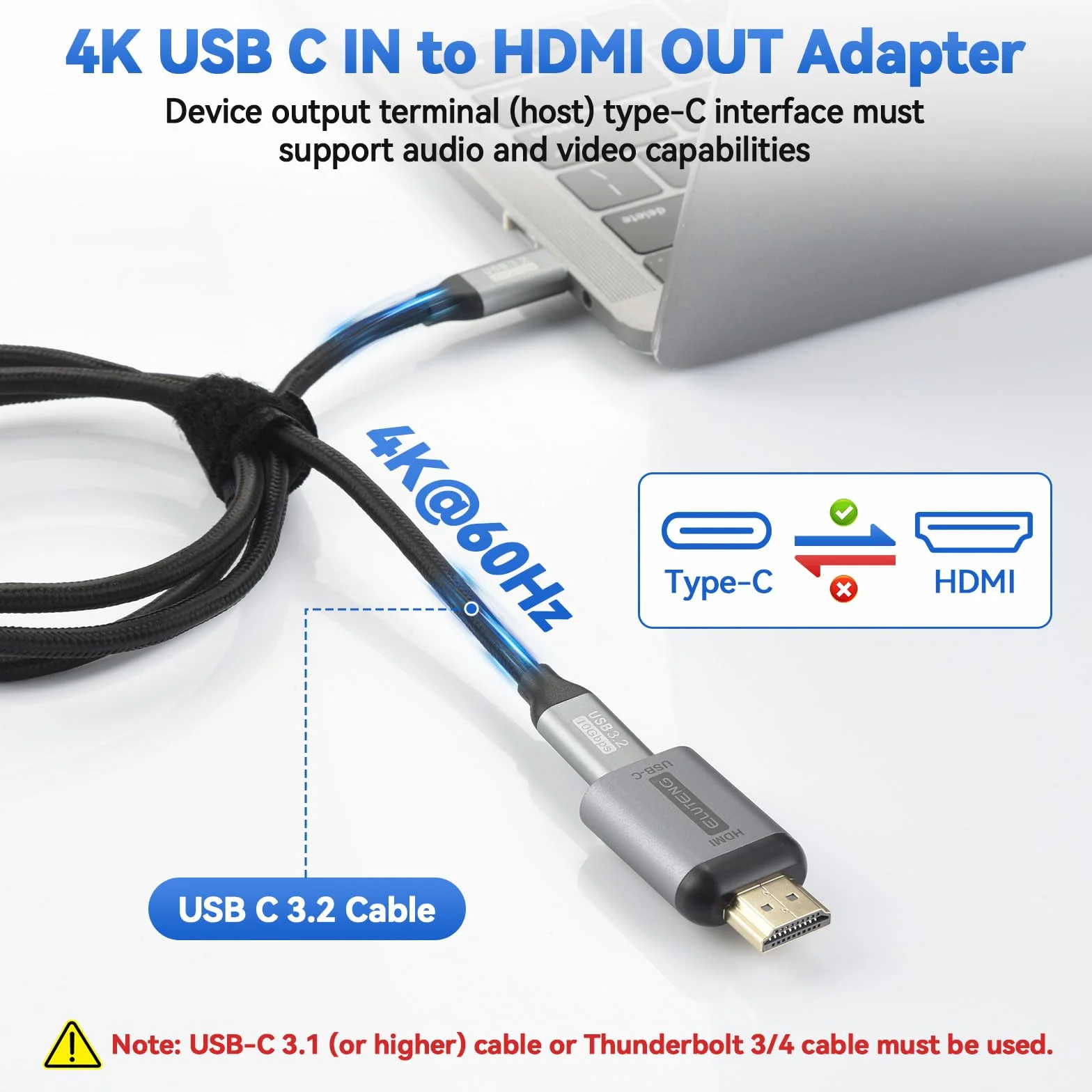 ELUTENG Adattatore USB C a HDMI 4K con Cavo Video USB C 3.2, HDMI USB C Adapter Alluminio con Thunderbolt 3/4 per iPhone 16/15 Pro/Max MacBook iPad Pro/Air Surface Book 2 XPS Galaxy
