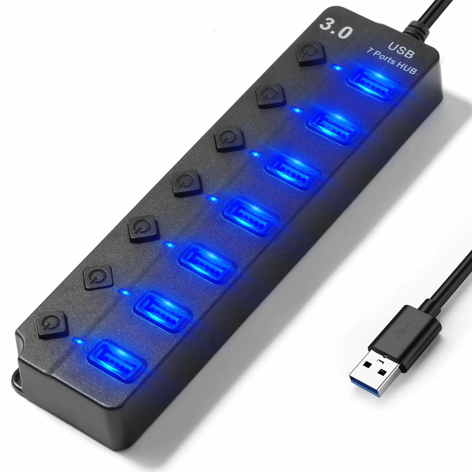 Hoppac Hub USB Multipresa a 7 Porte (1 USB 3.0 6USB 2.0) con Interruttori Indipendenti, Spie LED e Cavo da 1m - Ciabatta USB Multi Porte Plug & Play per PC, Laptop