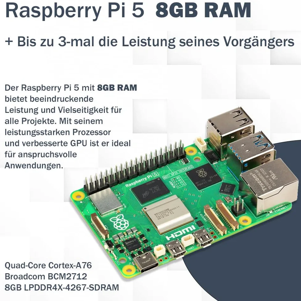 Raspberry Pi 5 8 GB Starter Kit nero | Alimentatore USB-C 45 W | Alloggiamento con ventola | Scheda SD Ultra 64 GB | Cavo Micro HDMI 4K | Dissipatore di calore | Raspberry Pi 5 8 GB RAM