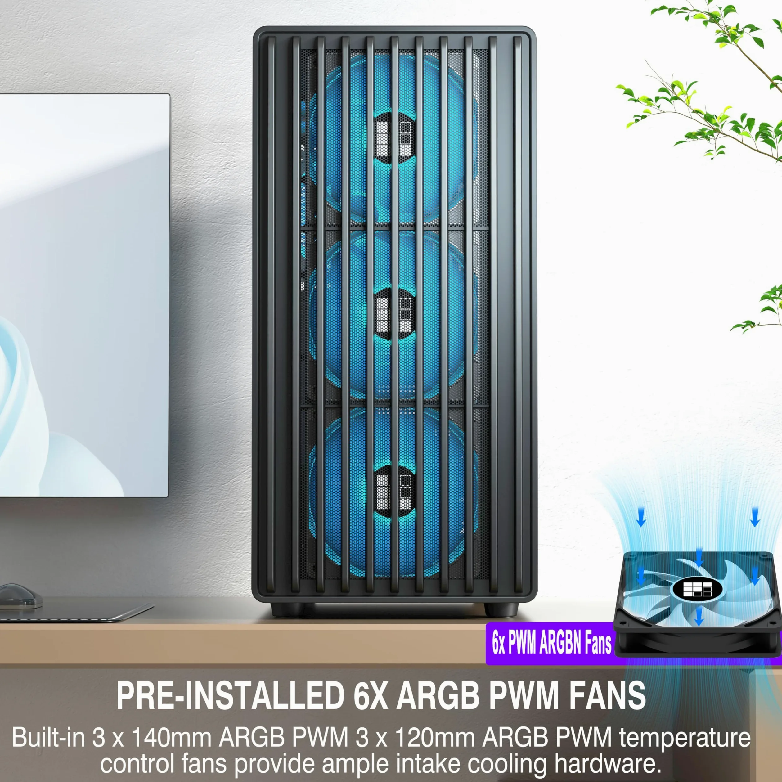 FOIFKIN K6 Case PC ATX con 6 Ventole PWM ARGB-(3 x 140 mm e 3 x 120 mm), Case PC Mid-Tower in Mesh, Alto flusso d'aria, Supporto RAD 240 mm, Case ATX Nero, Case PC Gaming, Type-C (Nero, K6)