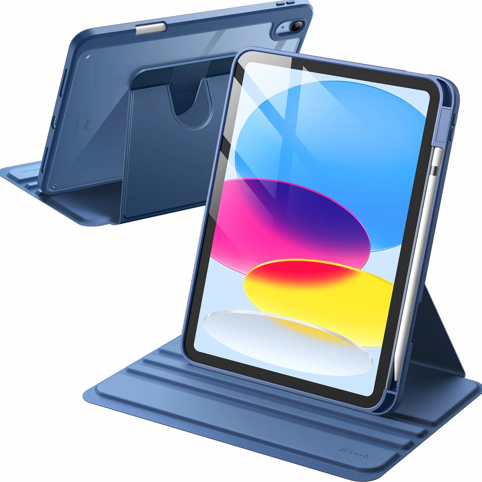 JETech Custodia Rotante per iPad (A16) 11a/10a Generazione 2025/2022 con Portapenne, Protezione 360 Gradi Supporto Cover Chiaro Retro Navy