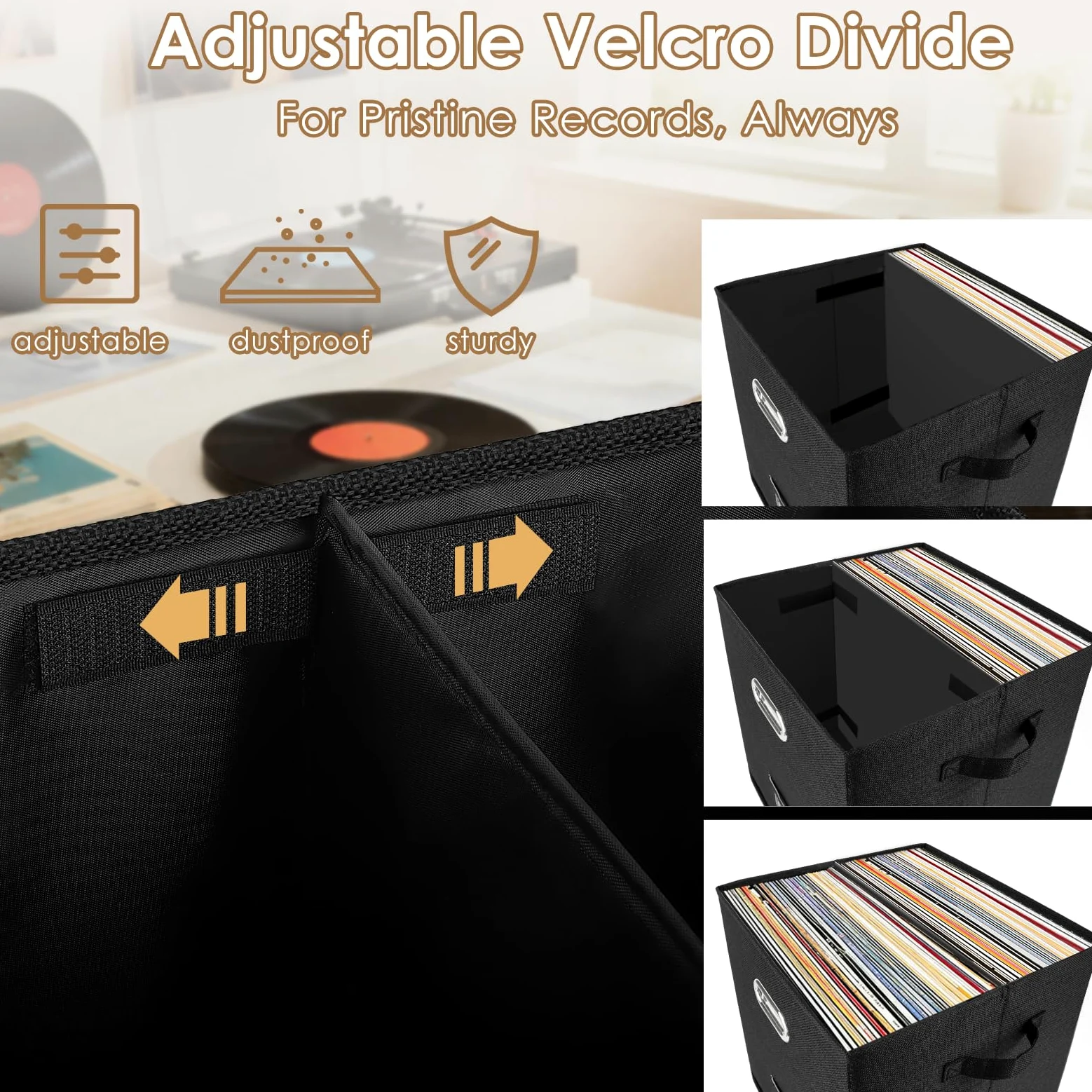 Woodoulogy Scatola nera in lino per LP in vinile, impilabile con coperchio e maniglia – Capacità 50+ dischi, organizer per album e documenti