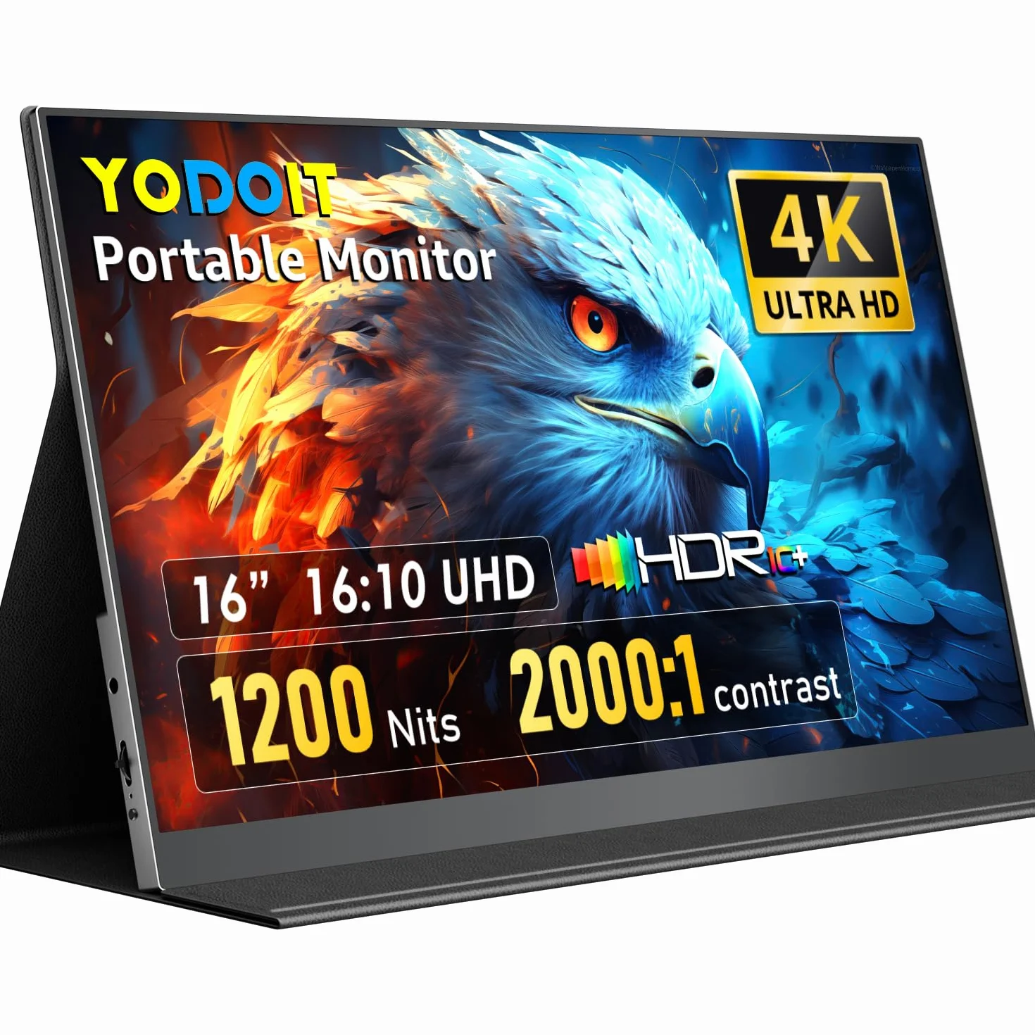 Yodoit Monitor portatile 16" 4K 3840 x 2400 UHD 1200 Nits schermo con Smart Cover, display IPS con tipo C, Mini-HDMI, altoparlanti integrati, compatibile con PC, laptop, MacBook, PS3/4/5