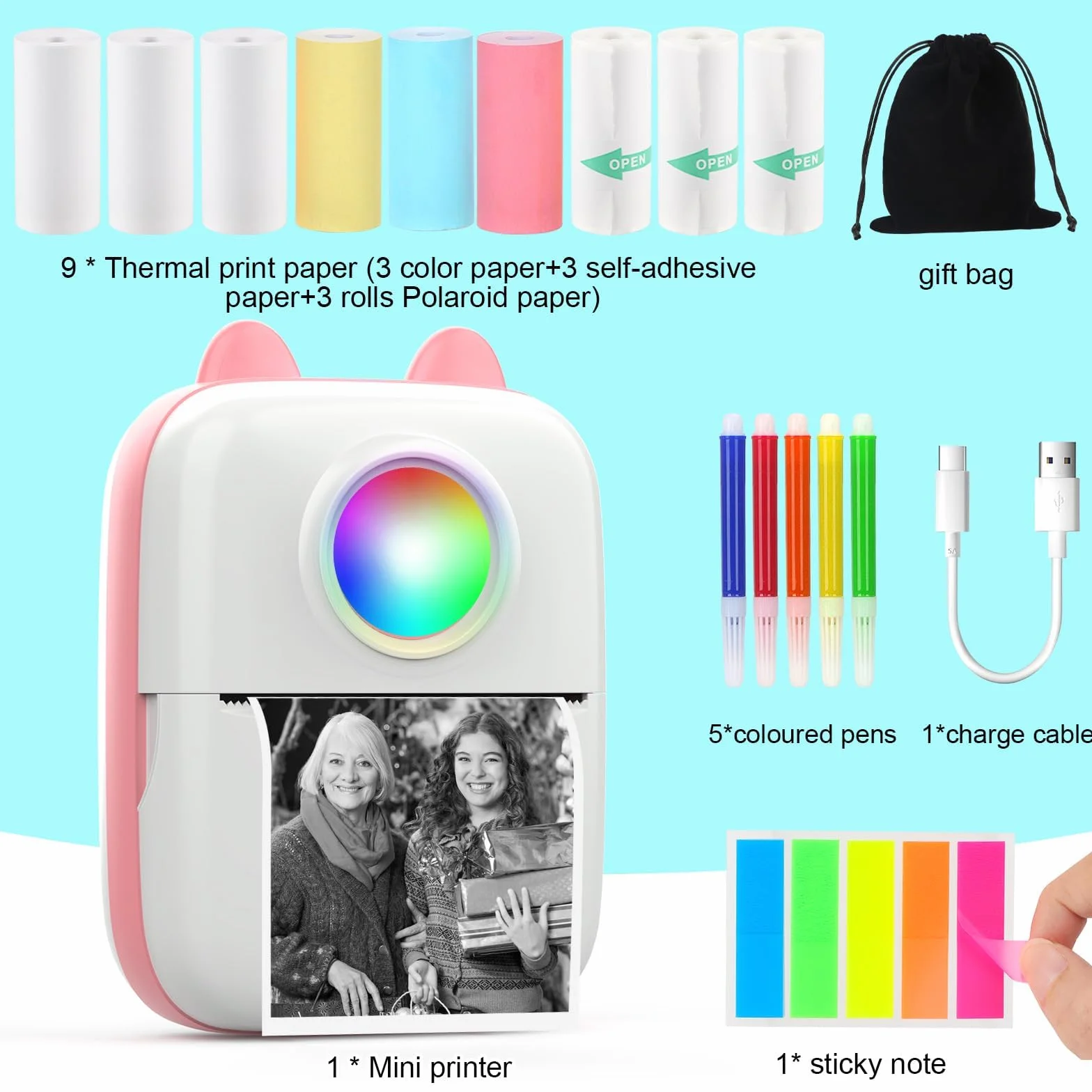 Mini Stampante Fotografica,Stampante Termica,immagine per foto, stampa di ricevute,stampante fotografica,con 10 rotoli di carta 1 adesivo per smartphone, per Fotografica Note Elenco Memo (Pink A)