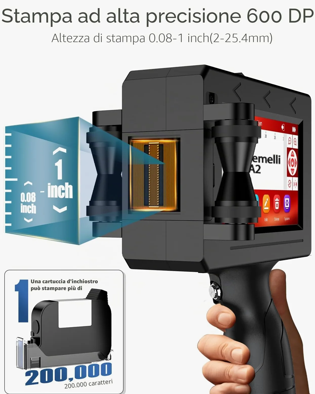 A2 Stampante Palmare Portatile,Stampante a Getto D'inchiostro con Touch Screen da 4,3 Pollici per Logo/Immagine/Data di Produzione/Numeri/Lotto/Codice QR/Codice a Barre(Altezza di stampa 2-25,4 mm)
