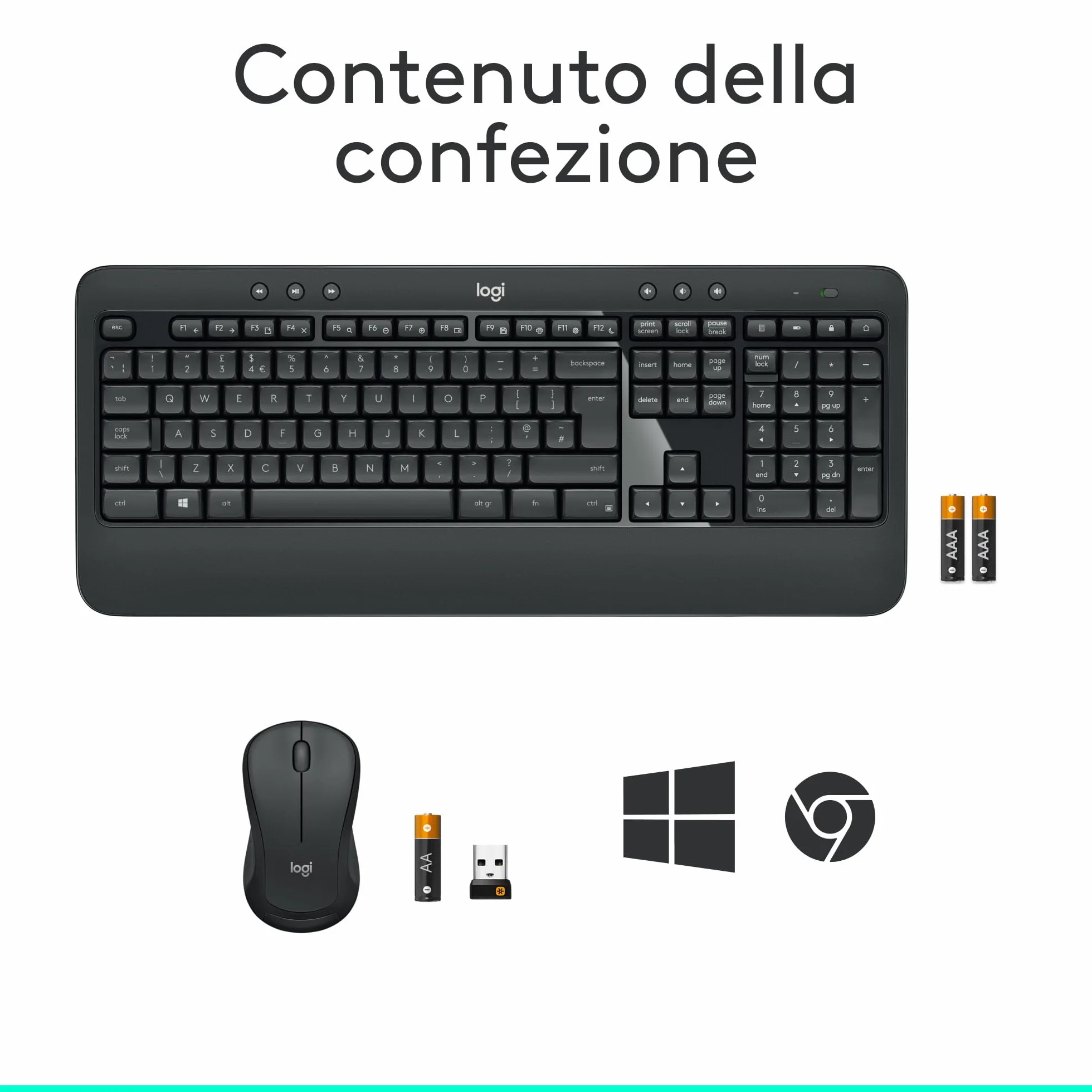 Logitech MK540 Advanced Combo Tastiera e Mouse Wireless per Windows, Ricevitore USB Unifying 2,4 GHz, Tasti di Scelta Rapida Multimediali, Durata Batteria di 3 Anni, PC, Laptop, Italiano QWERTY - Nero