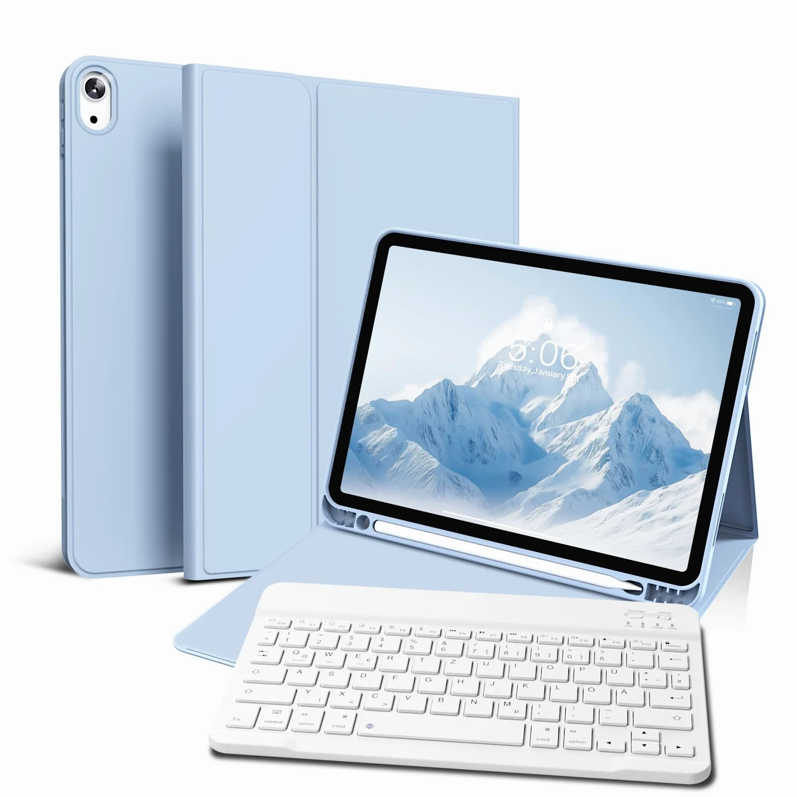 Custodia con Tastiera per iPad Air 11 Pollici 2025 2024 (M3/M2), iPad Air 5 4 2022/2020 10,9 Pollici, Cover Morbida TPU con Supporto per Penna, Tastiera Folio Magnetica Rimovibile, Blu Chiaro