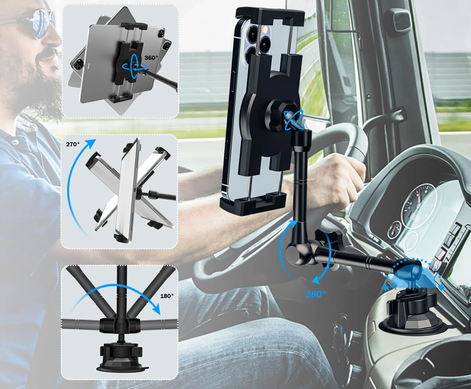 Supporto Tablet Cruscotto Parabrezza Auto/Camion, Porta Tablet Macchina Ventosa Robusto con Braccio in Metallo per iPad Pro/Air/Mini, Galaxy, Lenovo, iPhone, Telefono da 4-12,9"