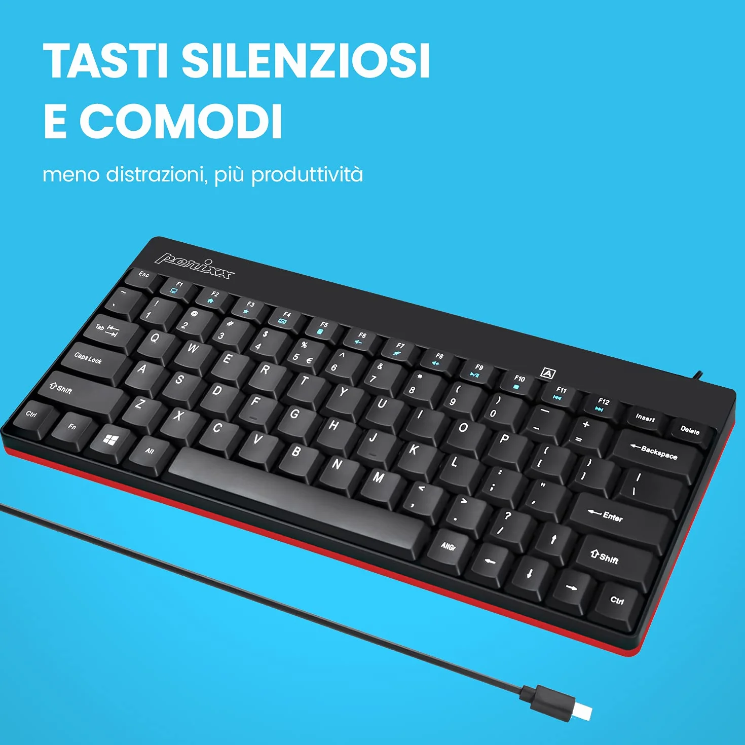 Perixx PERIBOARD-422 Mini Tastiera USB-C, Connessione USB Tipo C, Layout Italiano, nera
