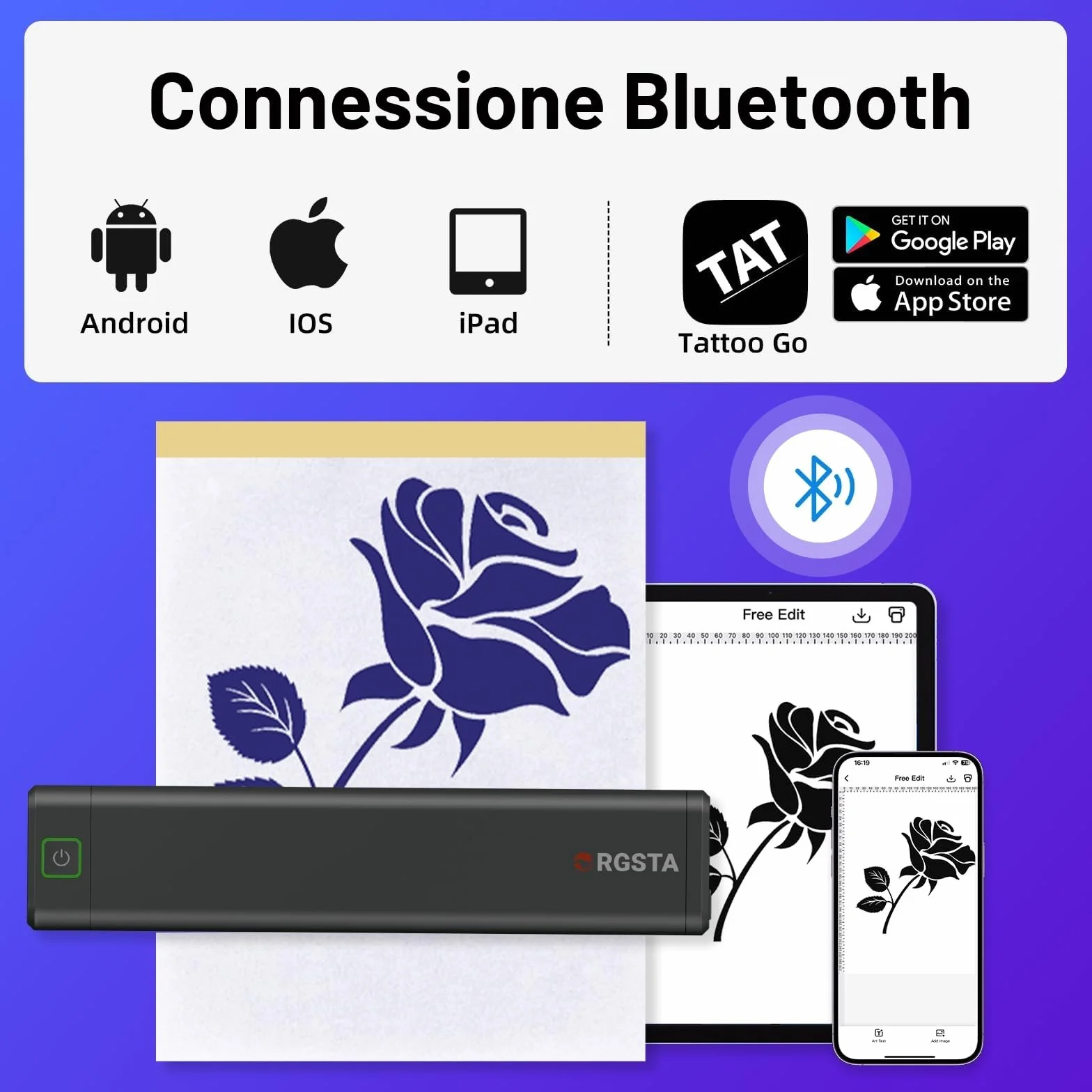 ORGSTA S008 Stampante per Tatuaggi Termica Bluetooth, Trasferimento Stencil Portatile