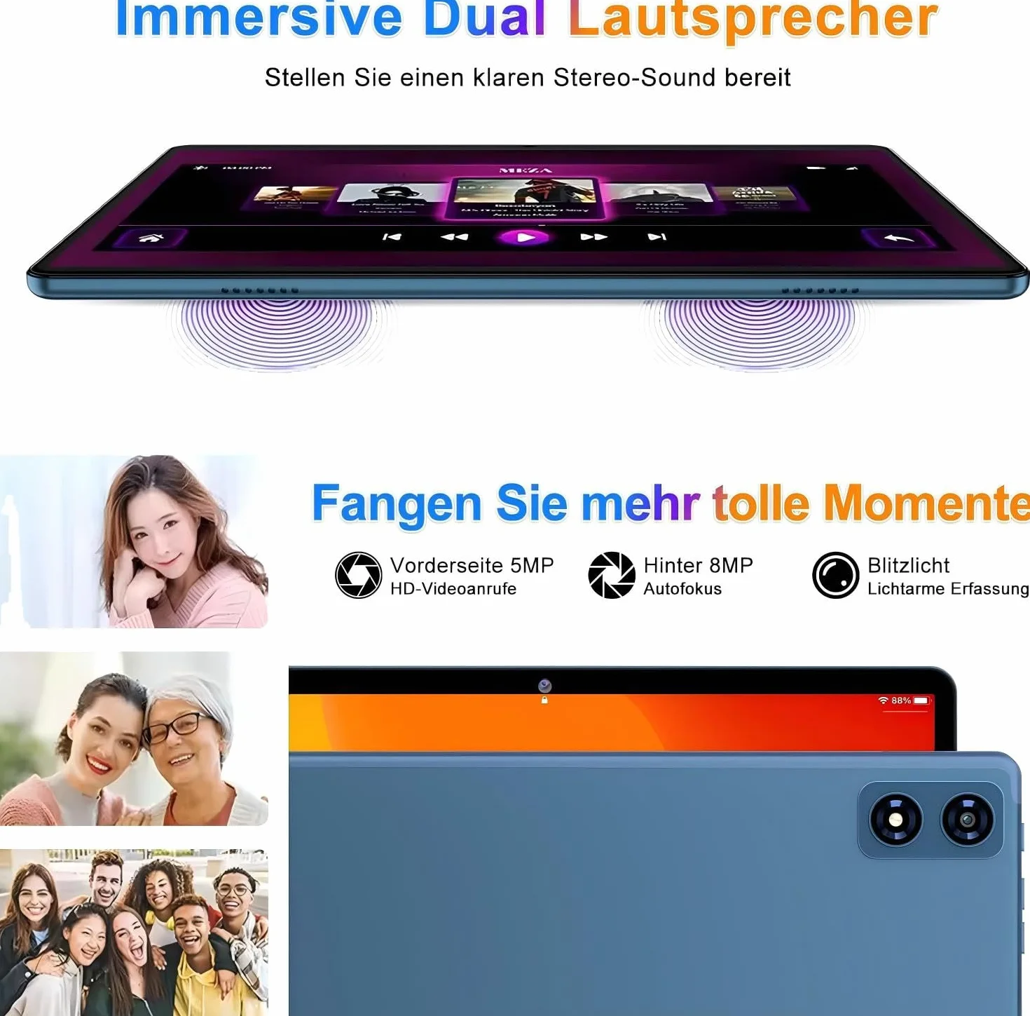fezawio Android 14 Tablet 10 pollici 22 GB RAM + 128 GB ROM Octa-Core Tablet 5G WiFi, con tastiera mouse, 8000 mAh, (1TB TF) con collina-blu