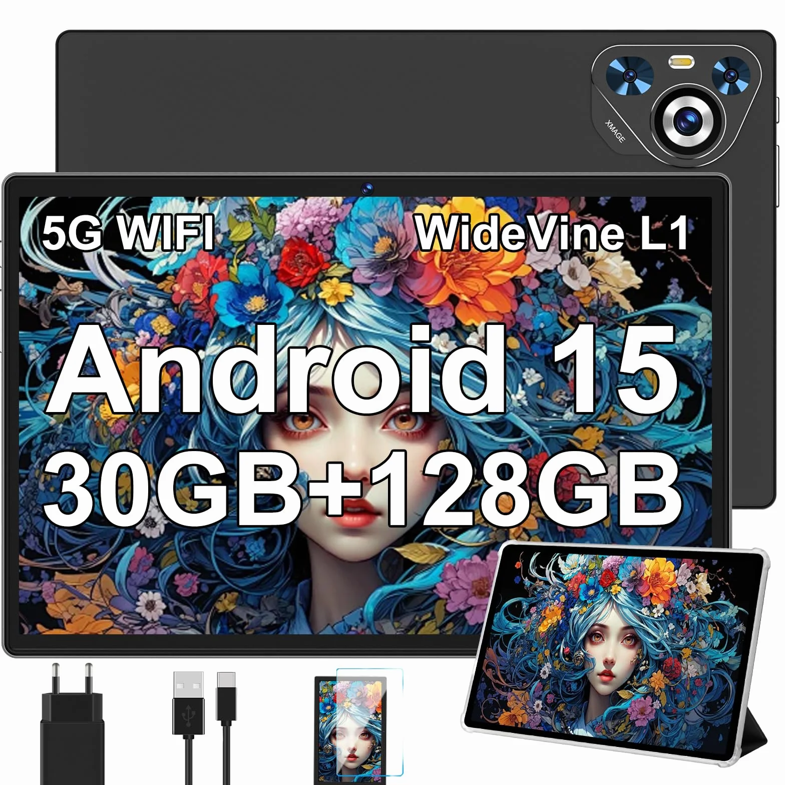Tablet 10 Pollici 30GB RAM 128GB ROM 8000mAh WIFI 5G BT5.0 Fotocamera 5+8 MP Widevine L1 GMS Corpo in Metallo Custodia Protettiva Nera