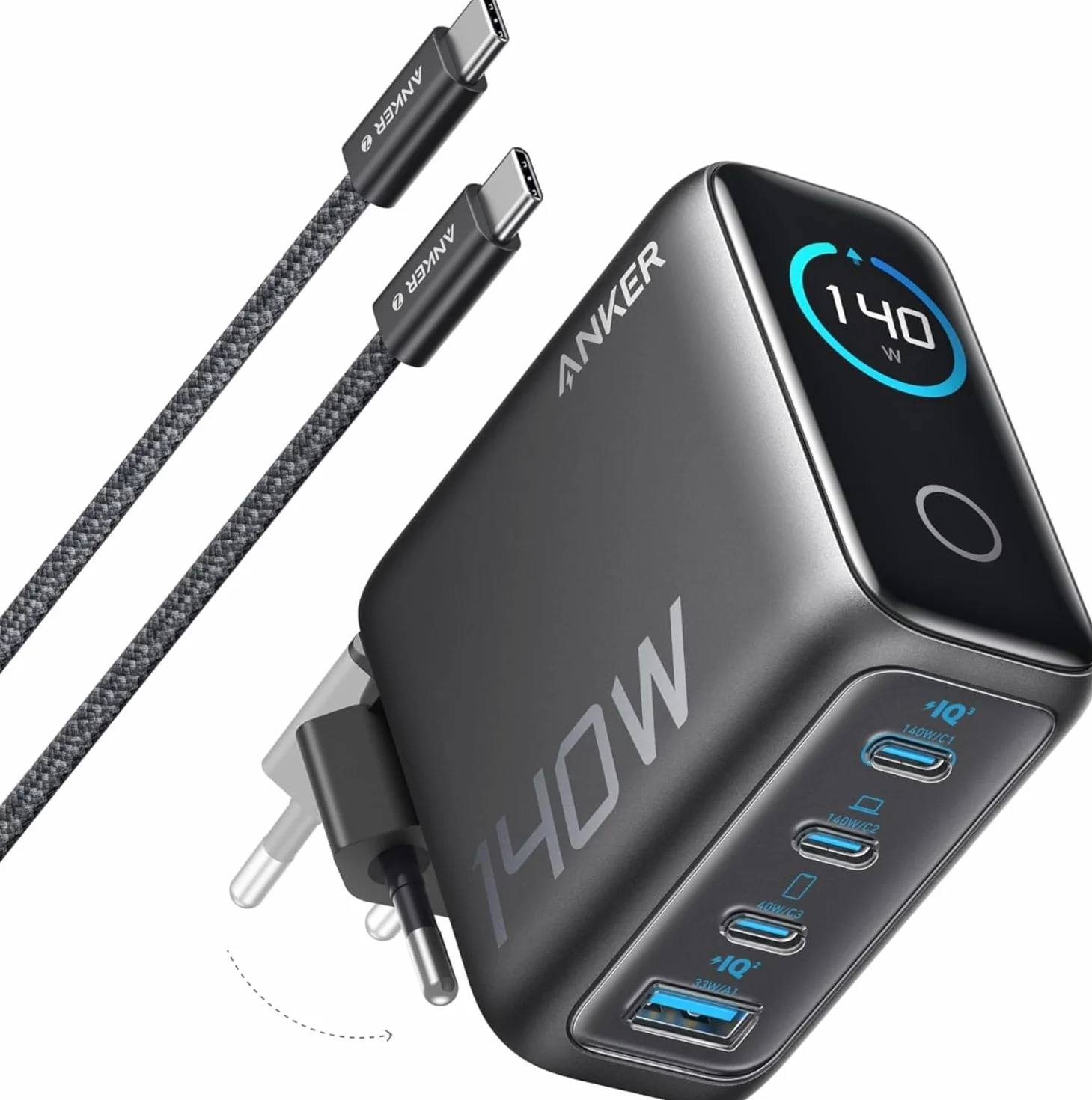 Anker Caricatore USB C 140W GaN 4 Porte, per iPhone 17 Pro Max, Samsung S25 Ultra, MacBook Air/Pro, Pixel, AirPods, Nero