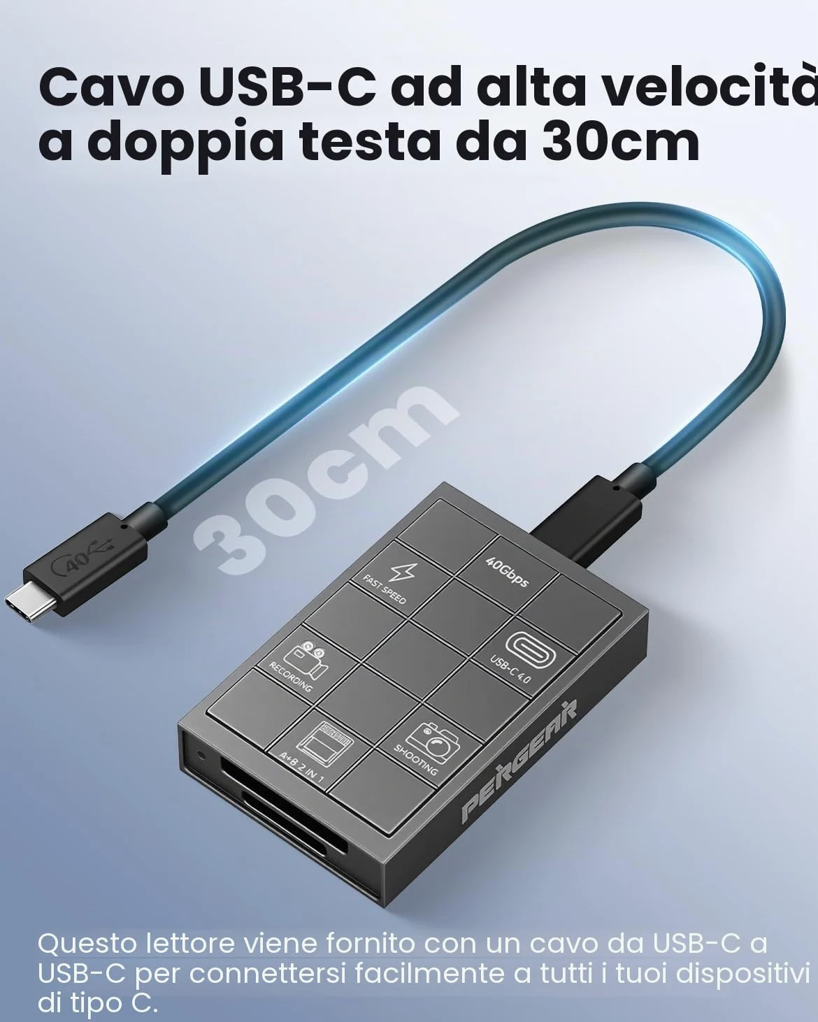PERGEAR Lettore di schede professionale CFexpress 4.0 tipo A, USB tipo C 40 Gbps tipo C su CFexpress tipo A+B 2 in 1, trasmissione ad alta velocità per Windows/Mac/Linux/Android/iPad