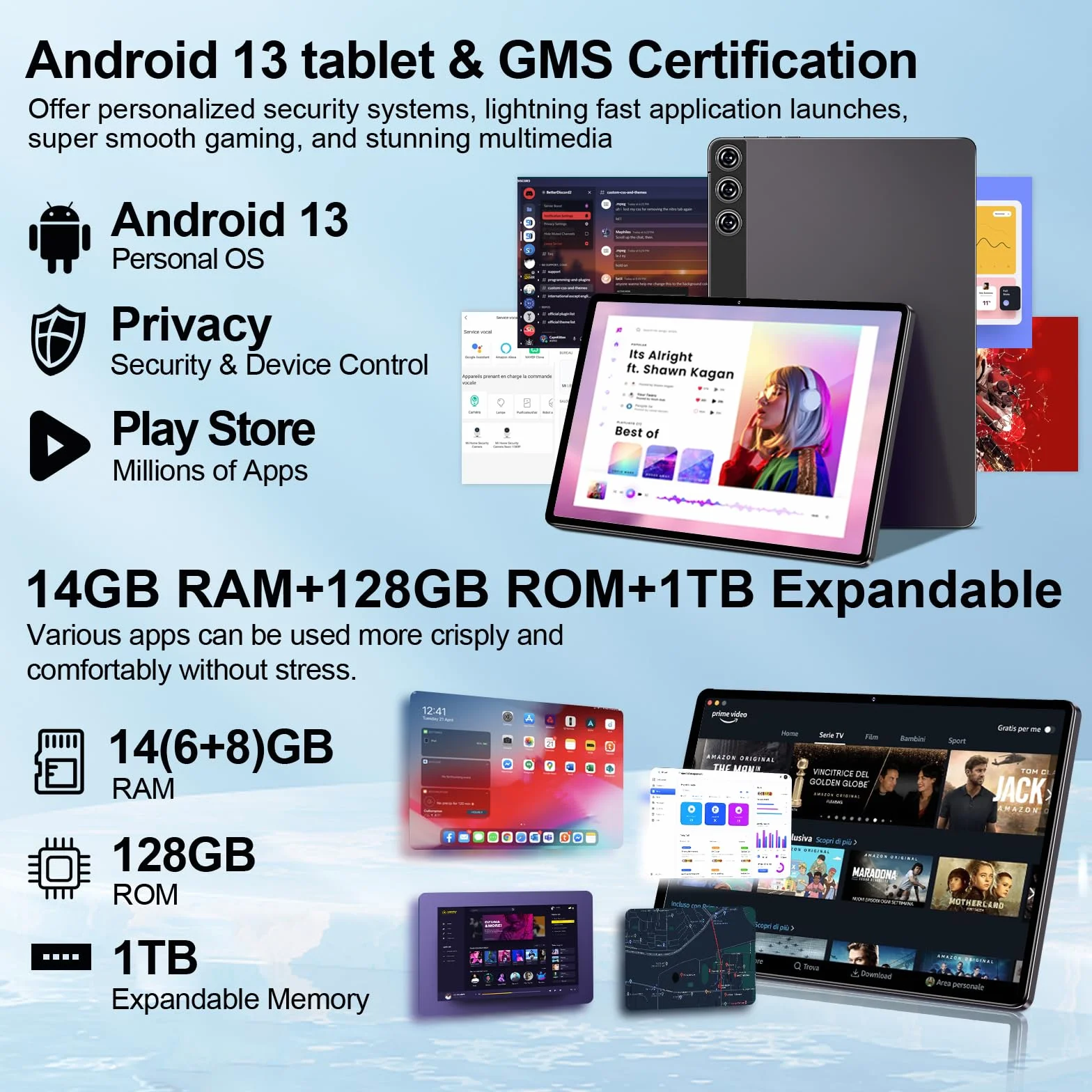 ZIOVO Tablet 10 Pollici Android 13 Tablets,14GB RAM + 128GB ROM(1TB TF),Octa-Core 2.0 GHz,5G WiFi/8000 mAh/8+5MP/BT 5.0/Widgets/Corpo in Metallo,Tablet con Custodia Protettiva - Grigio