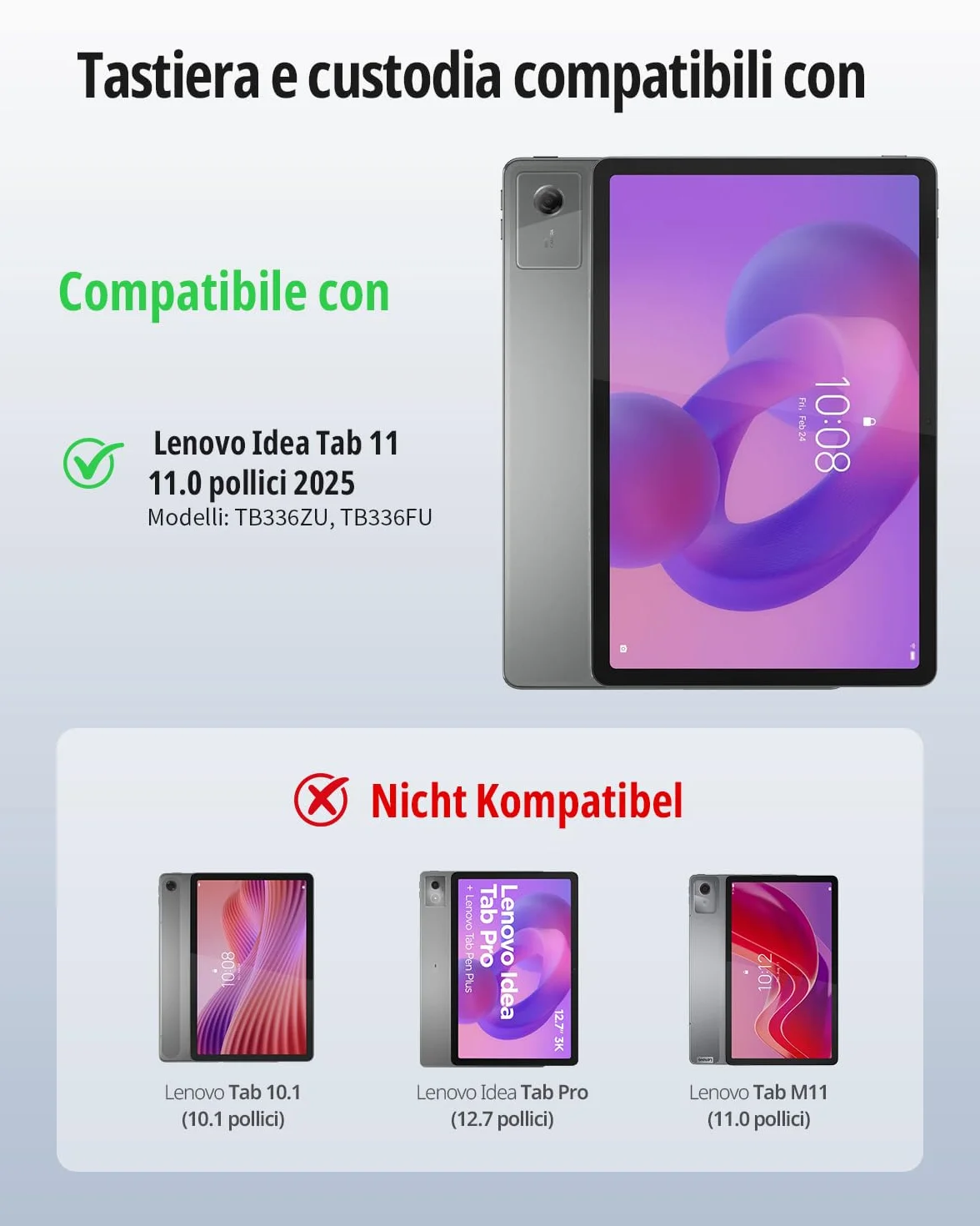 EasyAcc Cover Tastiera Compatibile con Lenovo Idea Tab 11 Pollici Tablet 2025 (TB-336ZU/TB-336FU) con Pellicola Protettiva, [Italiano], Custodia per Tastiera Rimovibile con Portapenne Nero