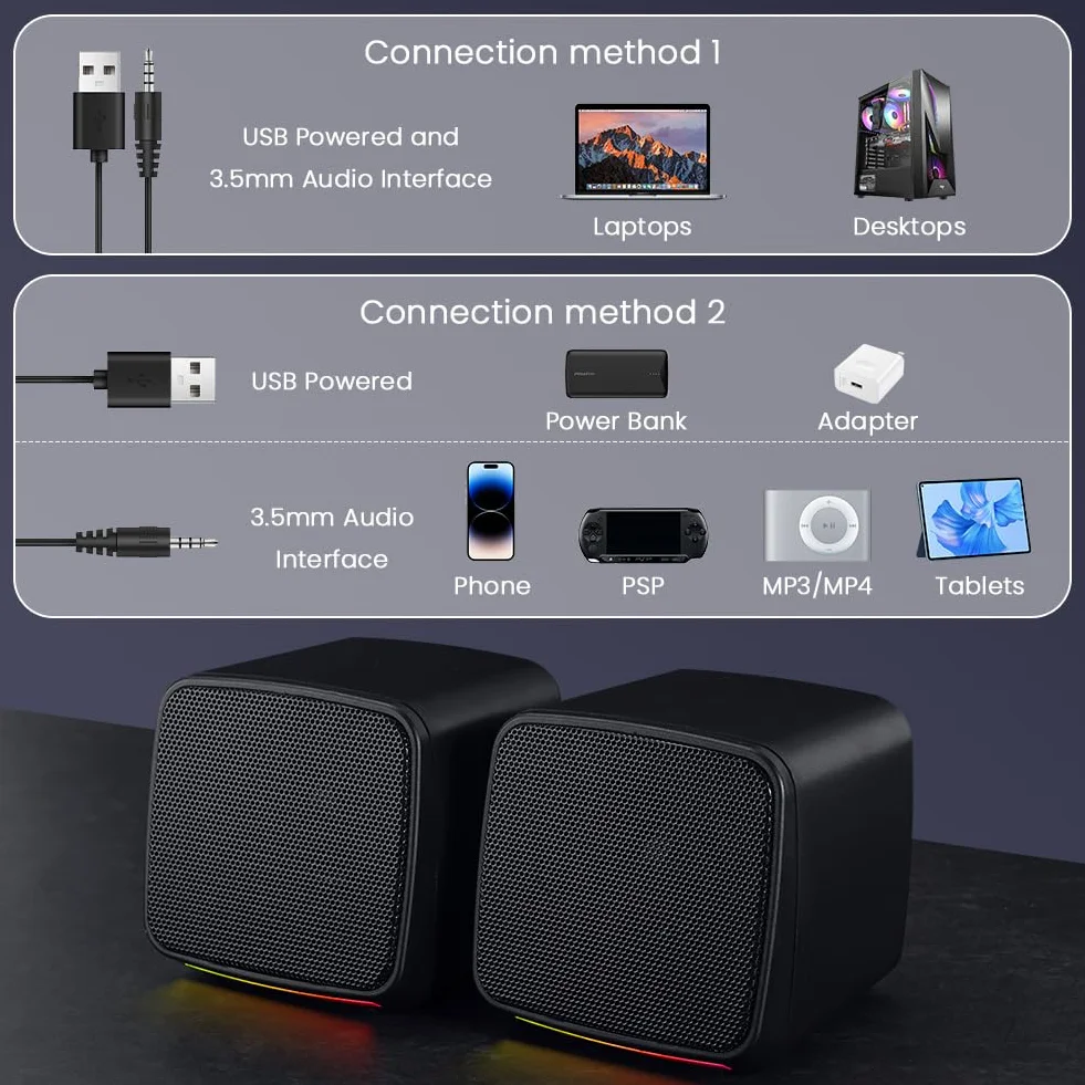 Vicloon Casse PC, Altoparlanti Computer con Ingresso Jack 3.5 mm, Mini Altoparlanti Stereo Compatibili PC/Mac/Smartphone/Tablet, 3W, Alimentazione USB, 1 Paio, Nero
