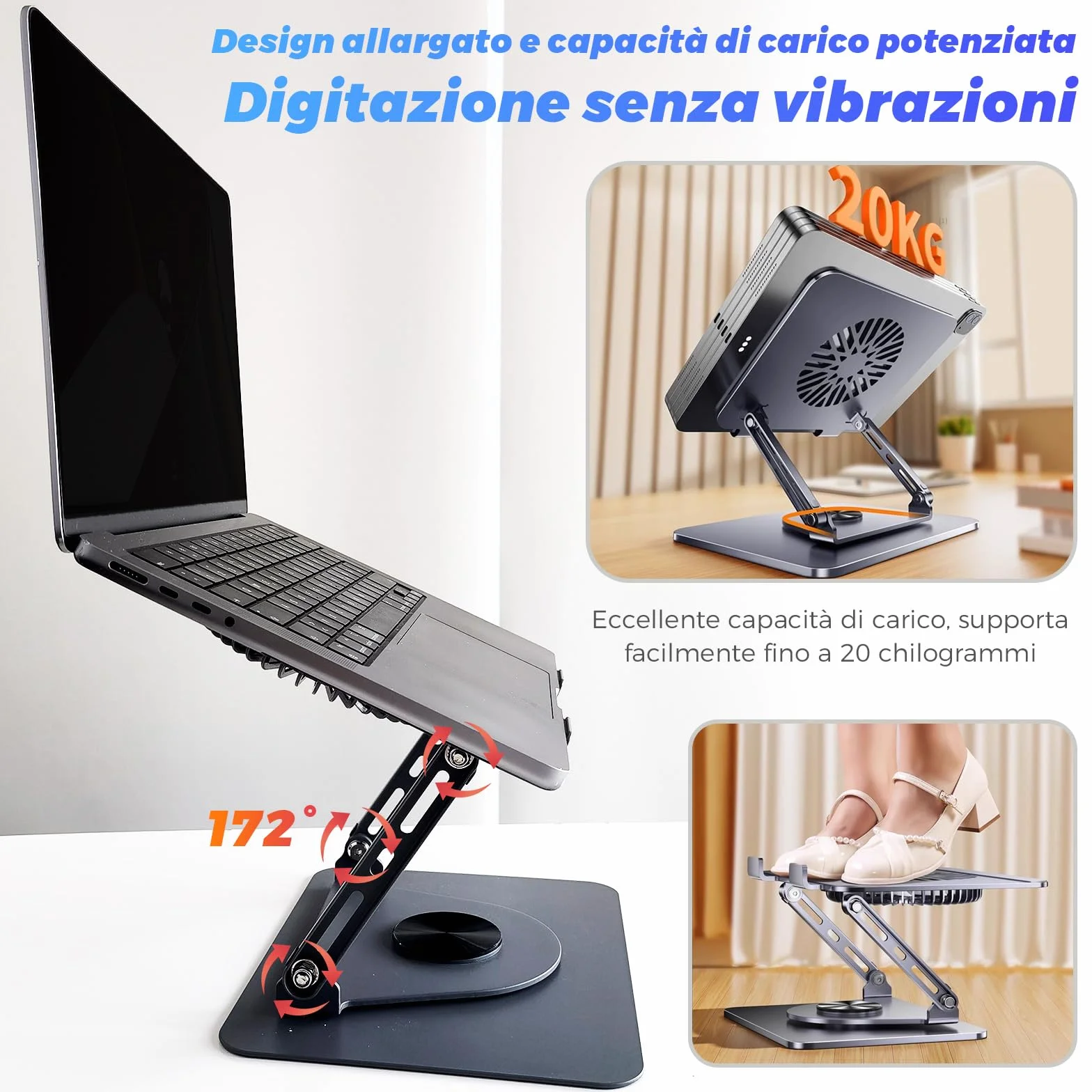 Supporto per laptop in alluminio, girevole a 360°, pieghevole, con ventola magnetica per raffreddamento, compatibile con MacBook e dispositivi da 10 a 17,3 pollici (grigio scuro)