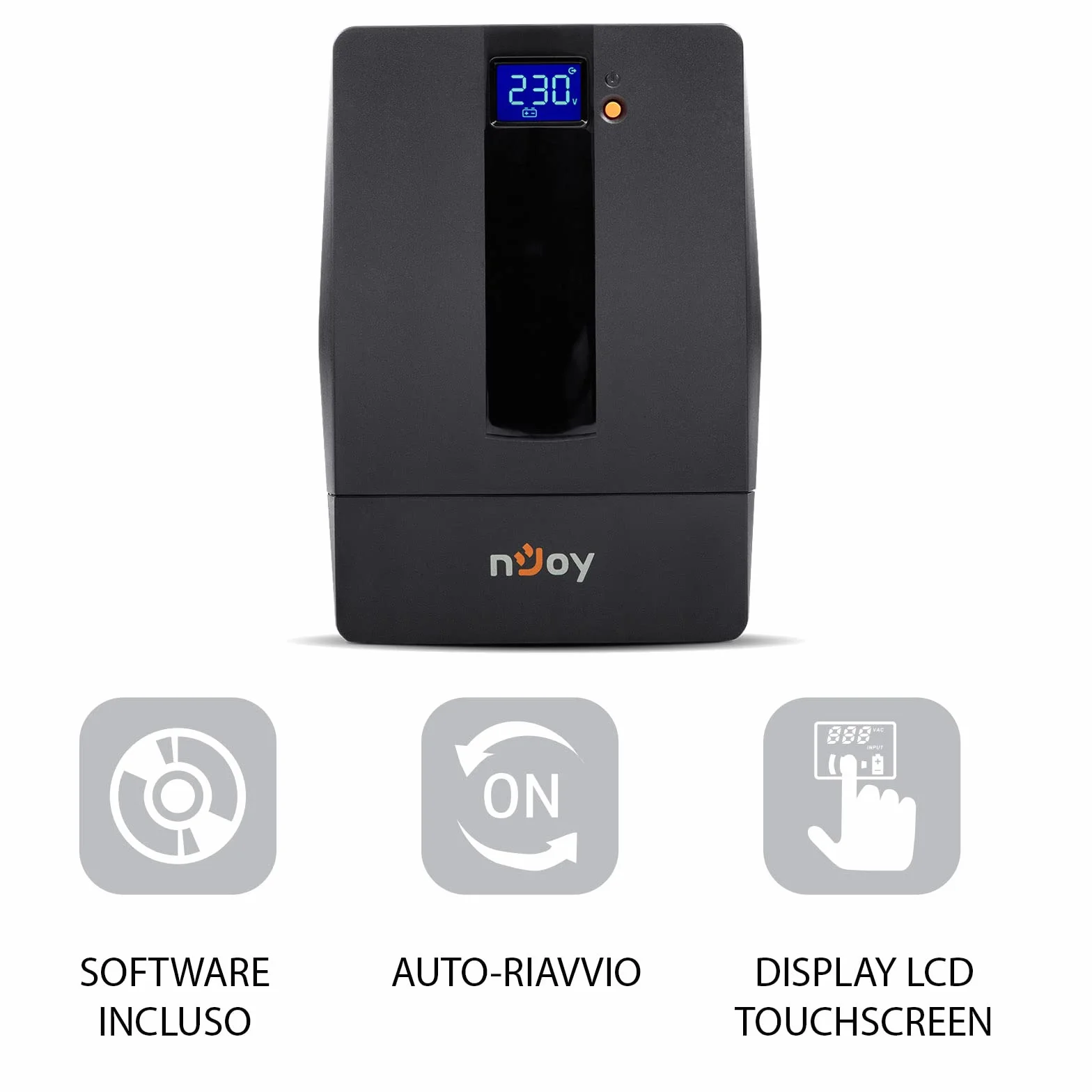 NJOY Horus Plus 1000 Gruppo di Continuità UPS 1000VA 600W | Protezione Blackout e Sbalzi di Protezione | Line Interactive | AVR | Display LCD Touch | 4 Uscite Schuko | USB | Software incluso