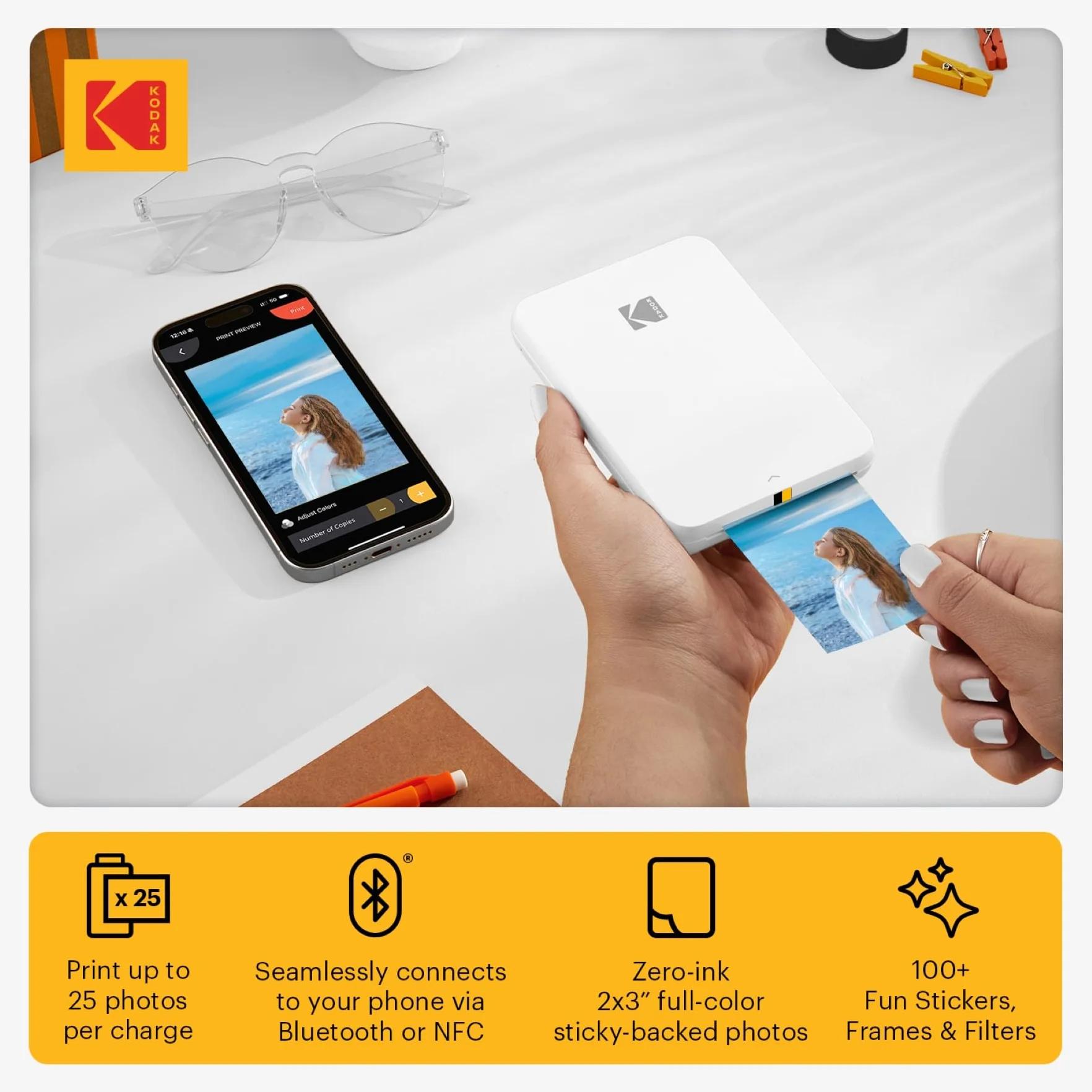 KODAK Step Slim Stampante Fotografica Istantanea per Smartphone – Stampante Mobile Wireless Portatile, Elegante e a Colori – Foto Zink 2x3" (5,1x7,5 cm) con Retro Adesivo, Bianco