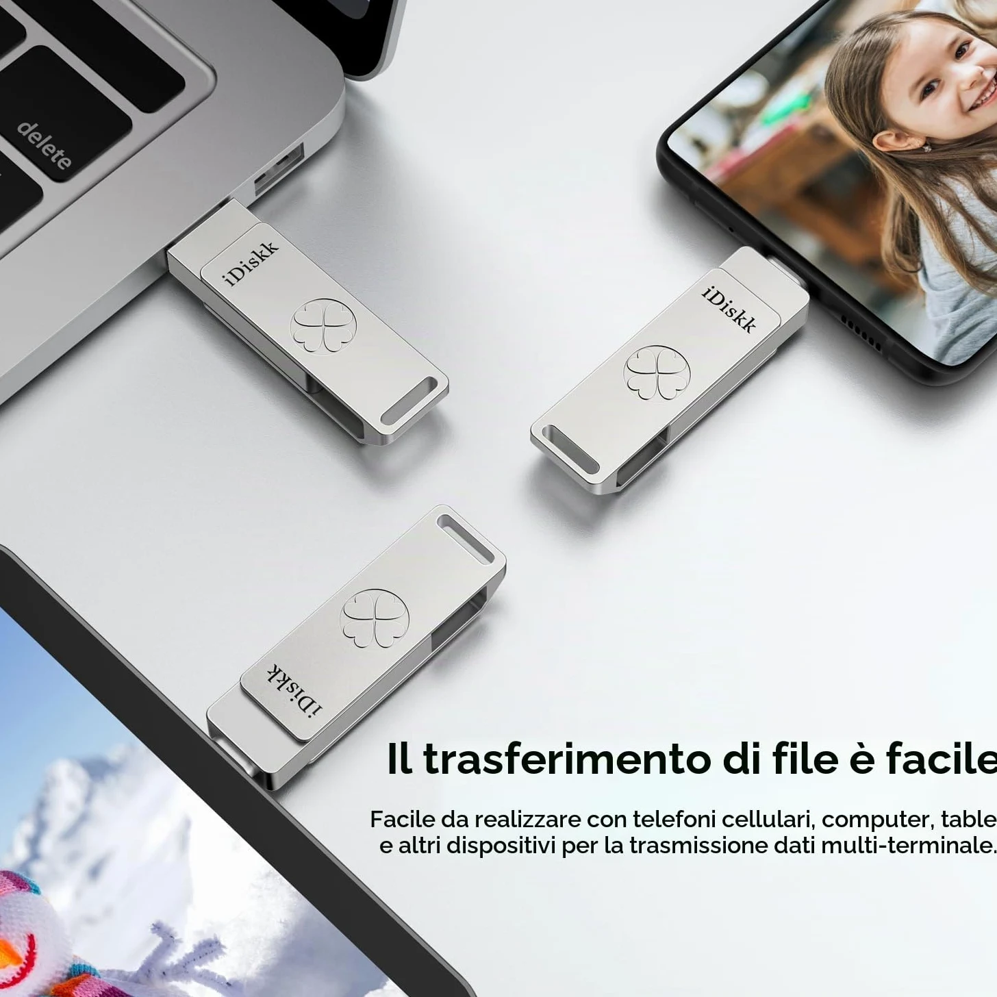 iDiskk Chiavetta USB 3.2 ad alta velocità da 256 GB per iPhone 17/16/15 Pro/Max, USB-C iPad, MacBook, Android, 500 MB/s, con app di backup automatico per foto/video, archiviazione esterna per telefoni