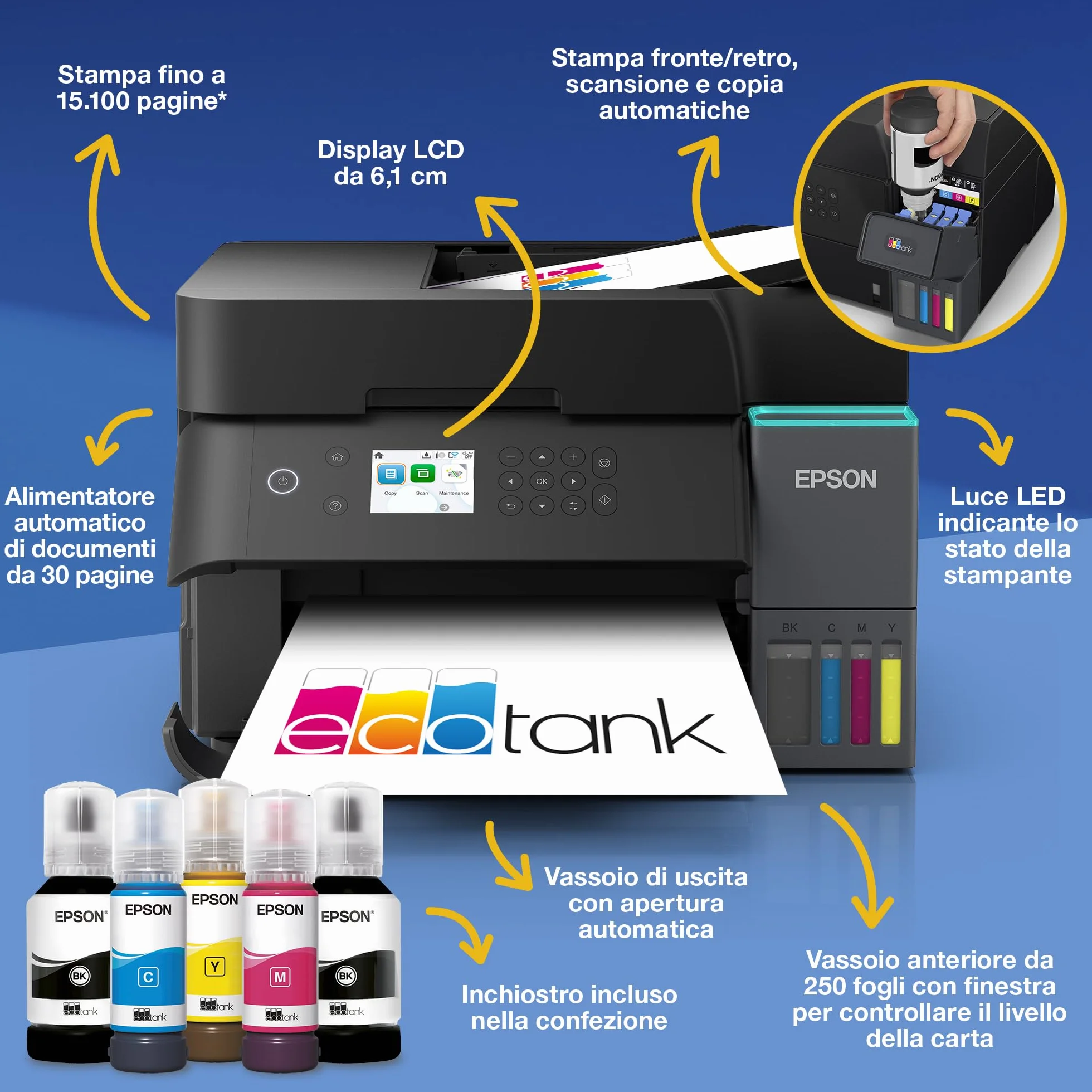 Epson EcoTank ET-3950 Stampante con Serbatoi D’inchiostro | Home Office | Wi-Fi | A4 | Fronte/Retro Stampa, Copia, Scansione | Display LCD 6.1 cm | ADF Da 30 Fogli | 3 Anni D'Inchiostro Inclusi