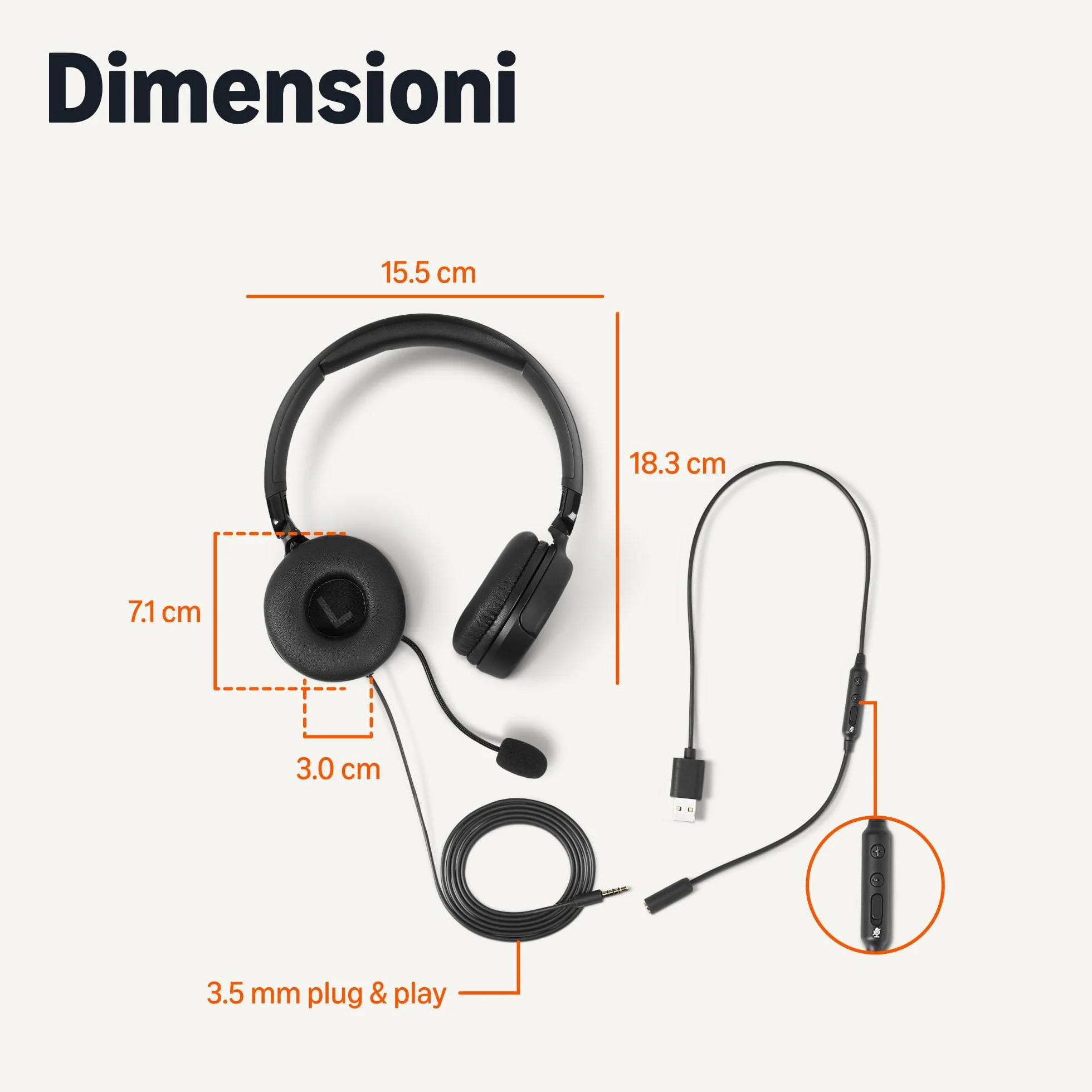 Amazon Basics - Cuffie Over-Ear per Computer con Cavo, Microfono Regolabile, Connessione da 3,5 mm, Controllo Cablato con USB-A, Pieghevoli, Cuffie per Ufficio, Smartphone, PC, Laptop, Nero