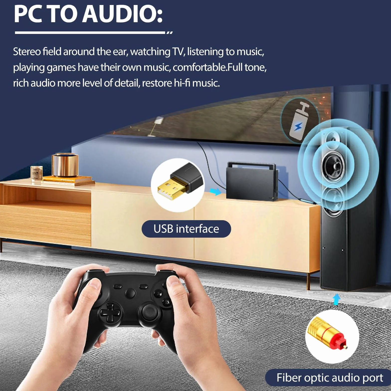 GOMETY Adattatore USB a audio ottico da USB-A a Fiber Optic SPDIF, adattatore Toslink 3M, nero - Scheda audio ottica Plug & Play