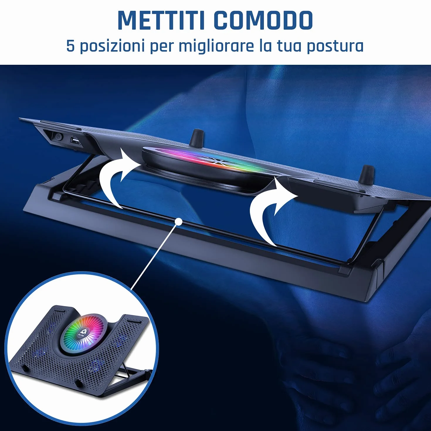 KLIM Nova - Base di raffreddamento RGB per PC portatili da 11" a 17" - Supporto di raffreddamento per laptop da gaming - USB - Stabile e silenzioso - Compatibile con Mac e PS4 - Novità Versione