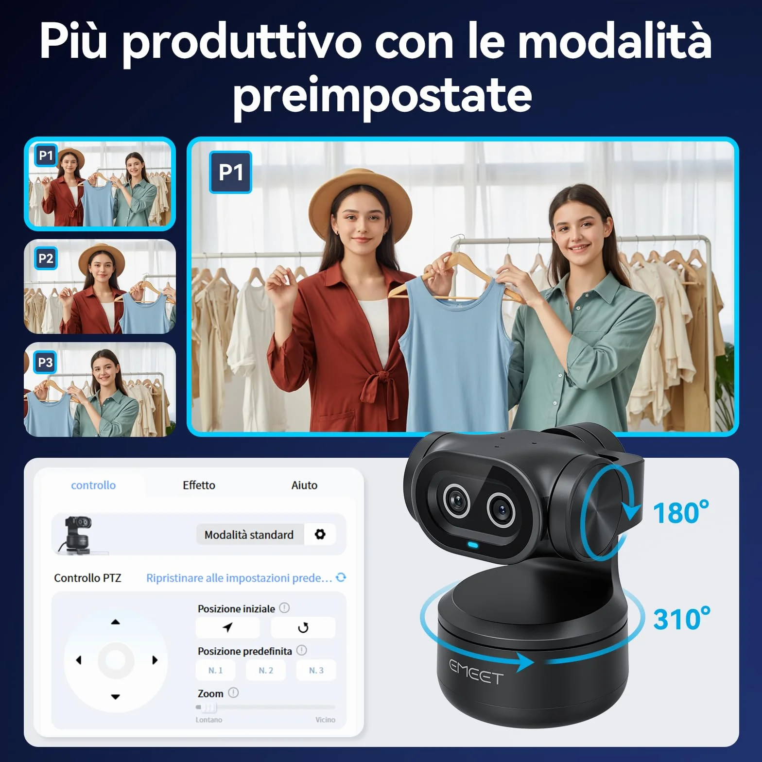 EMEET PIXY Telecamera PTZ 4K a Doppia Telecamera, AI Webcam，Messa a Fuoco Rapida in 0,2 s, con Sensore Sony, Web cam con 3 Microfoni, Webcam 4K per lo Streaming e Compatibile con OBS/Twitch/Switch 2