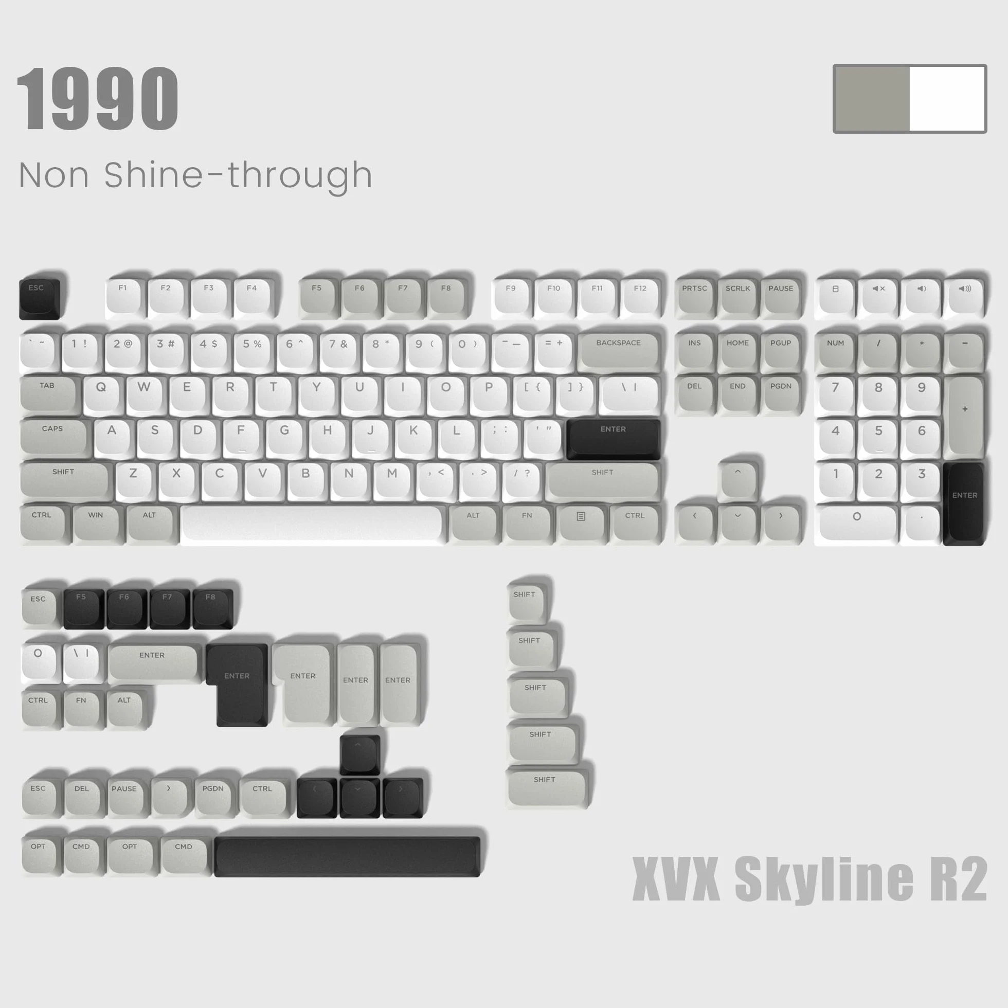 Keycaps a Basso Profilo 143, PBT Keycaps 75 Percento Brillare Attraverso, Keycaps Dimensioni Complete per ANSI US 60% 65% 75% 80% 100% Cherry Gateron MX Switch tastiera meccanica, Grigio/Bianco