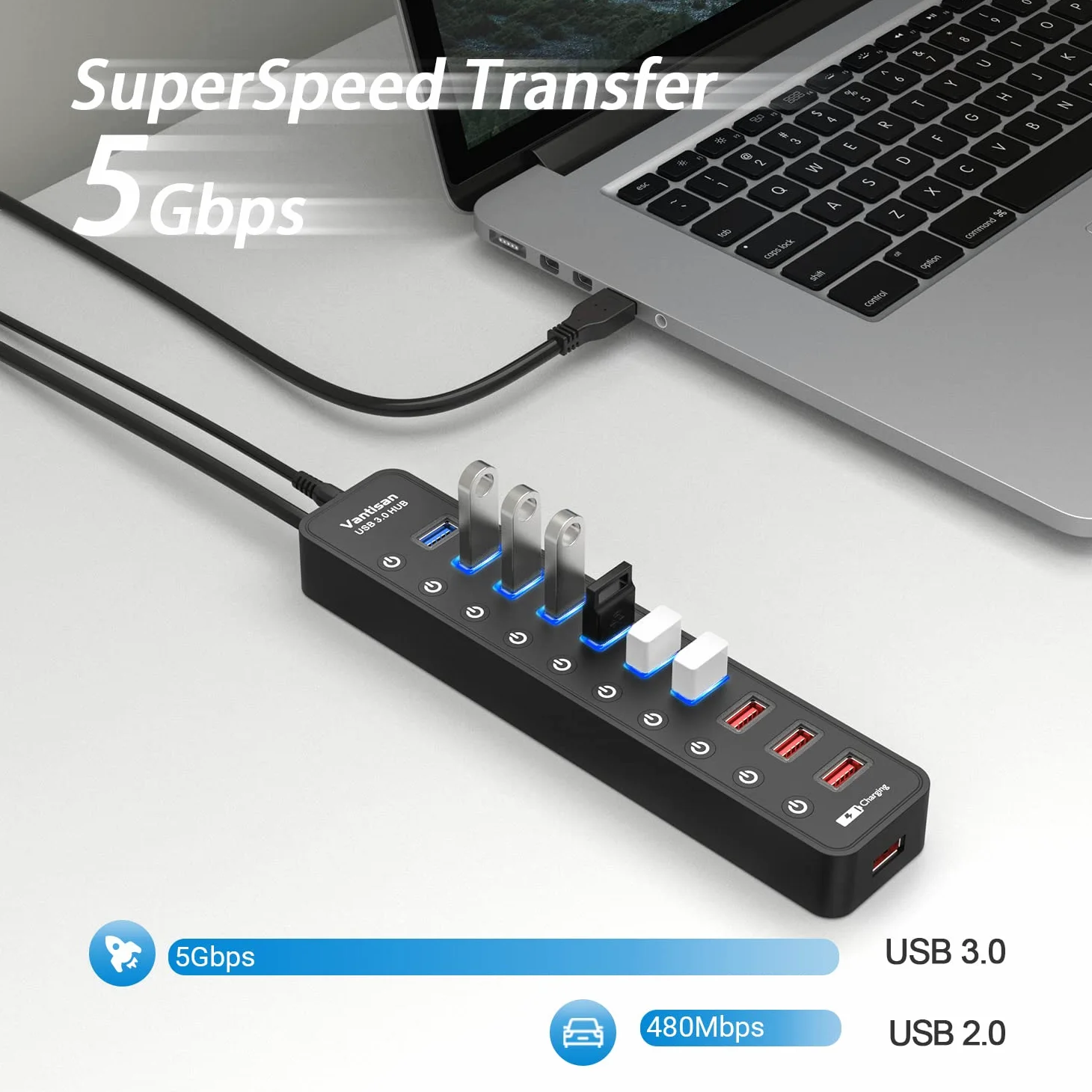 vantisan Hub USB 3.0 alimentato 10 porte