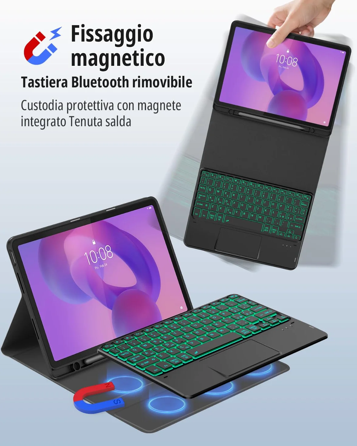 CACOE Cover con Tastiera Compatibile con Lenovo Idea Tab 11 Pollici Tablet 2025 con Touchpad, Custodia con Portapenne Tastiera Wireless Staccabile con Illuminazione a 7 Colori, Nero