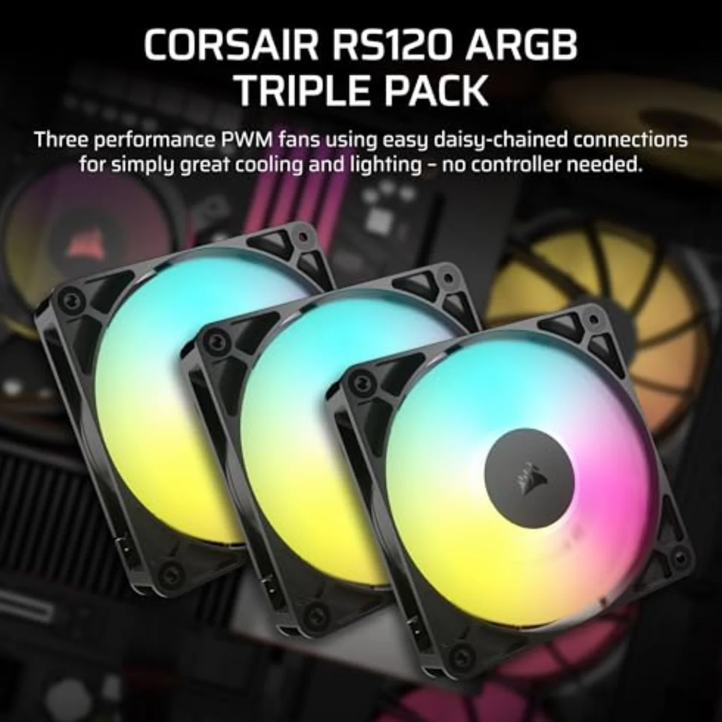 CORSAIR RS120 ARGB 120 mm PWM Ventole – Connessione a Margherita – Basso Rumore – Cuscinetto a Cupola Magnetica – Confezione Tripla – Nero