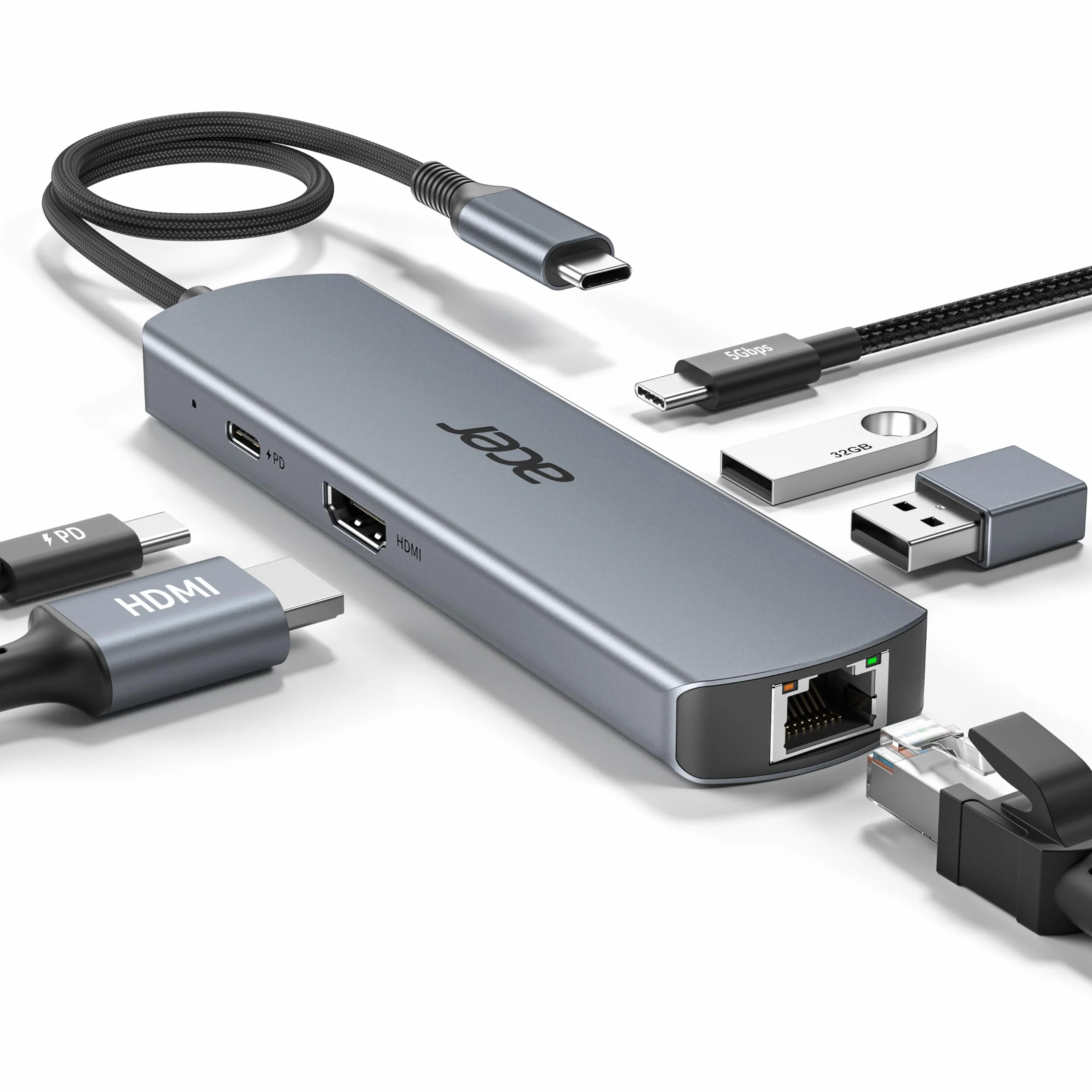 acer Hub USB C con Ethernet 1000 Mbps, HDMI 4K@60Hz, 1 USB-C 5 Gbps, 2 USB-A 3.0, Type-C 100 W PD, docking station multiporta per iPhone 17/16, MacBook iPad Pro/Air, Mac mini M4, Galaxy S24 ecc.