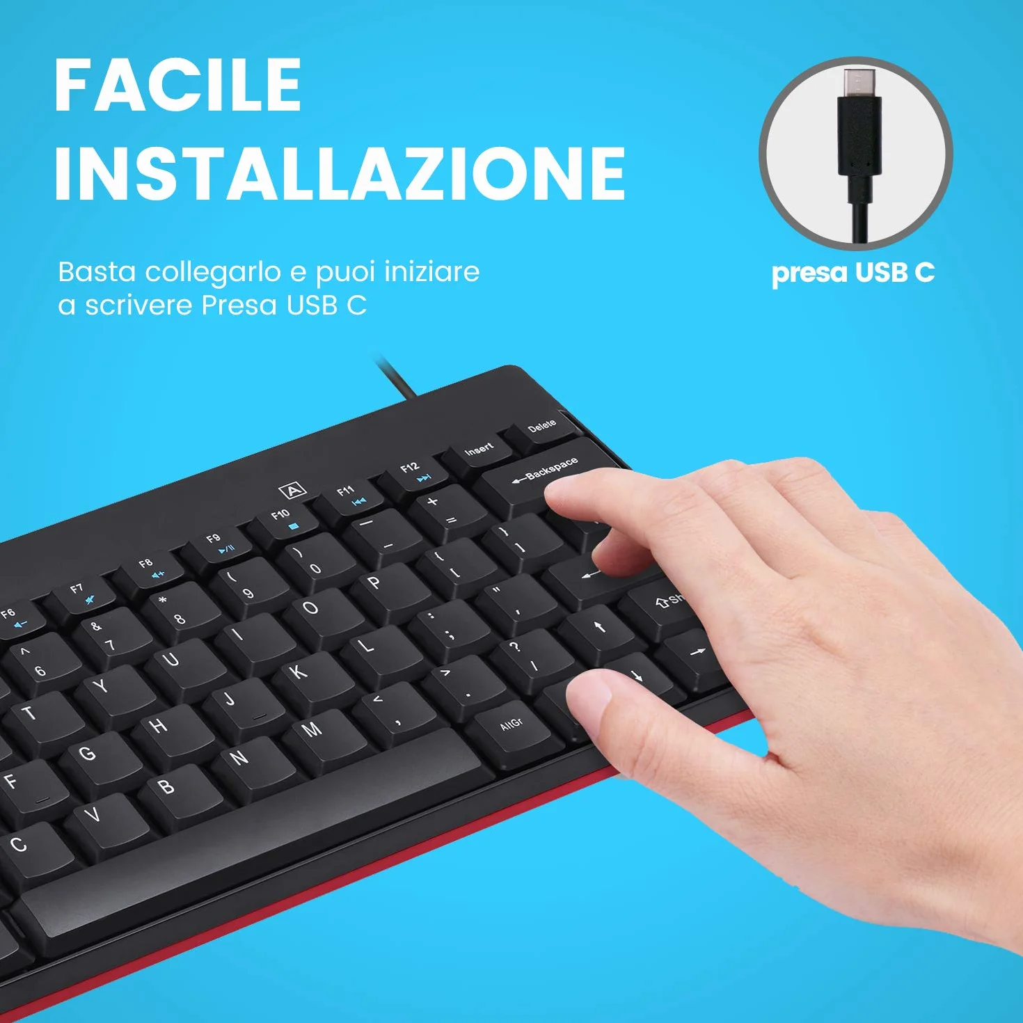 Perixx PERIBOARD-422 Mini Tastiera USB-C, Connessione USB Tipo C, Layout Italiano, nera