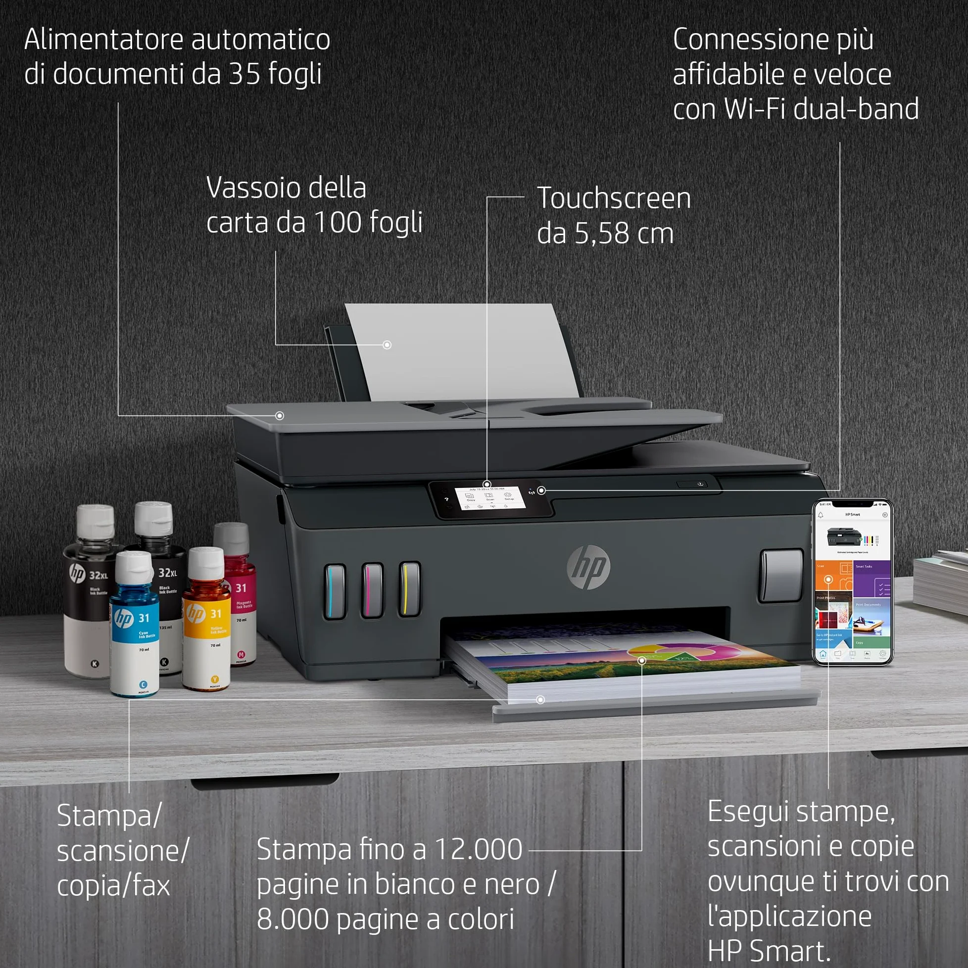HP Smart Tank Plus 655 AiO Y0F74A, Stampante Multifunzione a Colori, Serbatoio d'Inchiostro ad Alto Volume di Stampa, Fino a 12000 Pagine (Nero) e 8000 Pagine (Colore), Scansione, ADF, Wireless, Nera