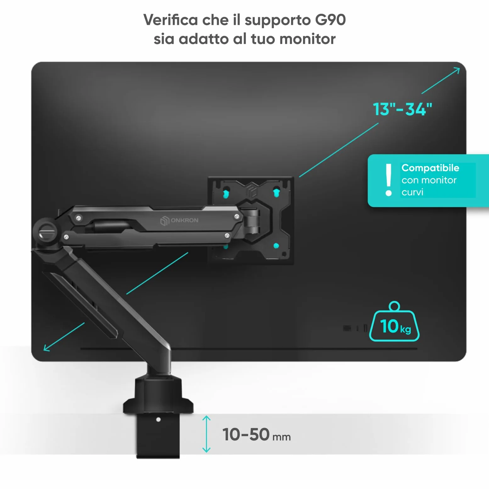 ONKRON Supporto Monitor Scrivania 13"-34", fino a 10 kg, Braccio Monitor VESA 75x75-100x100 mm, Supporto Schermo PC Scrivania Girevole e Inclinabile, Regolabile in Altezza, Nero G90-B