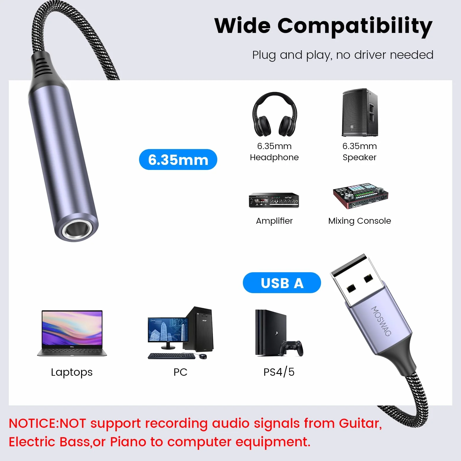 MOSWAG Adattatore Audio USB a Jack 6.35mm, AUX per Cuffie Con Scheda Audio Esterna Compatibile Con Laptop, PC, Amplificatore, Altoparlante