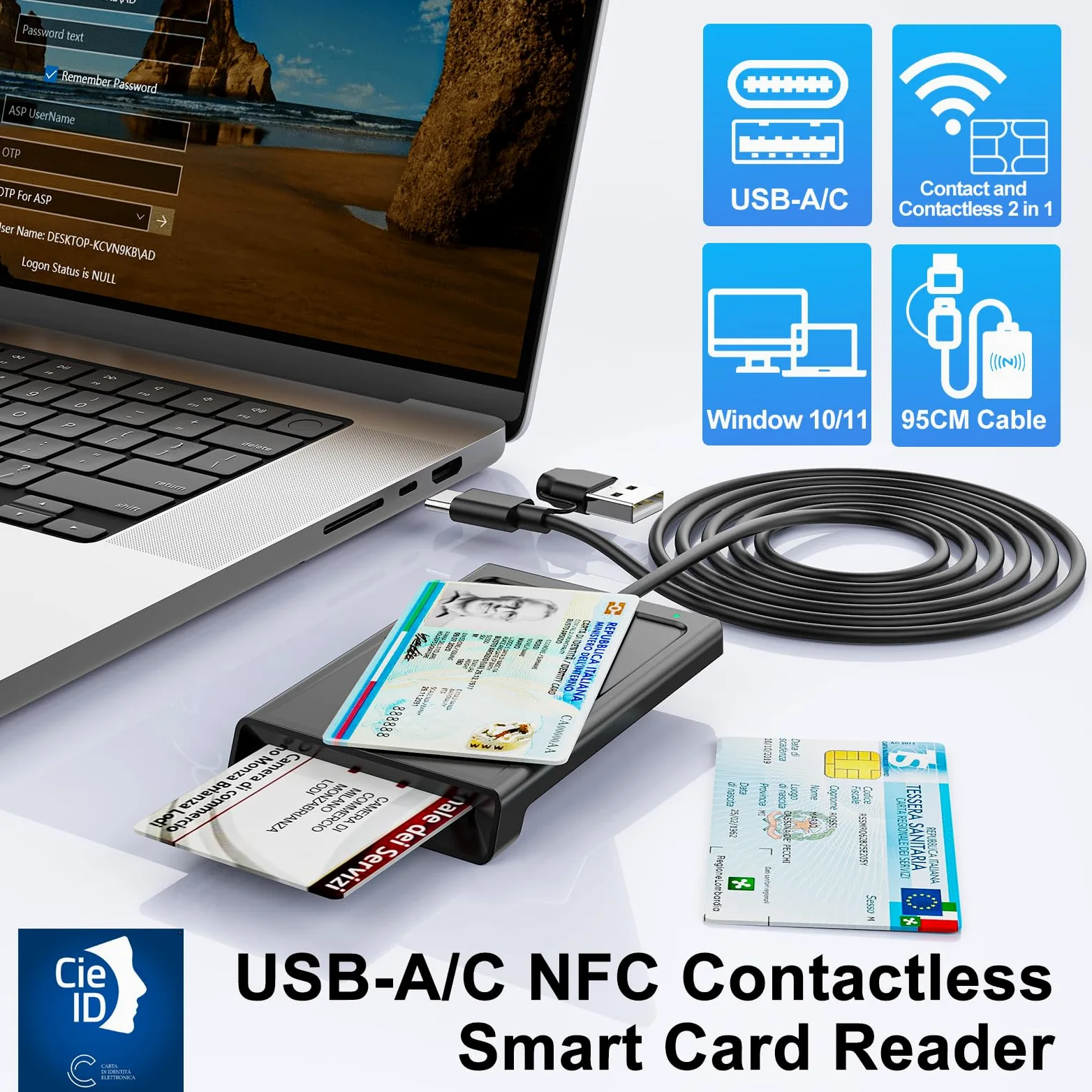 Lettore CIE 3.0 Carta d'Identità e Tessera Sanitaria,USB-A + USB-C Lettore Smart Card Firma Digitale,Lettore Carta Identita Elettronica Contatto e Contactless CIE/CRS/CNS Smart Card NFC per Windows