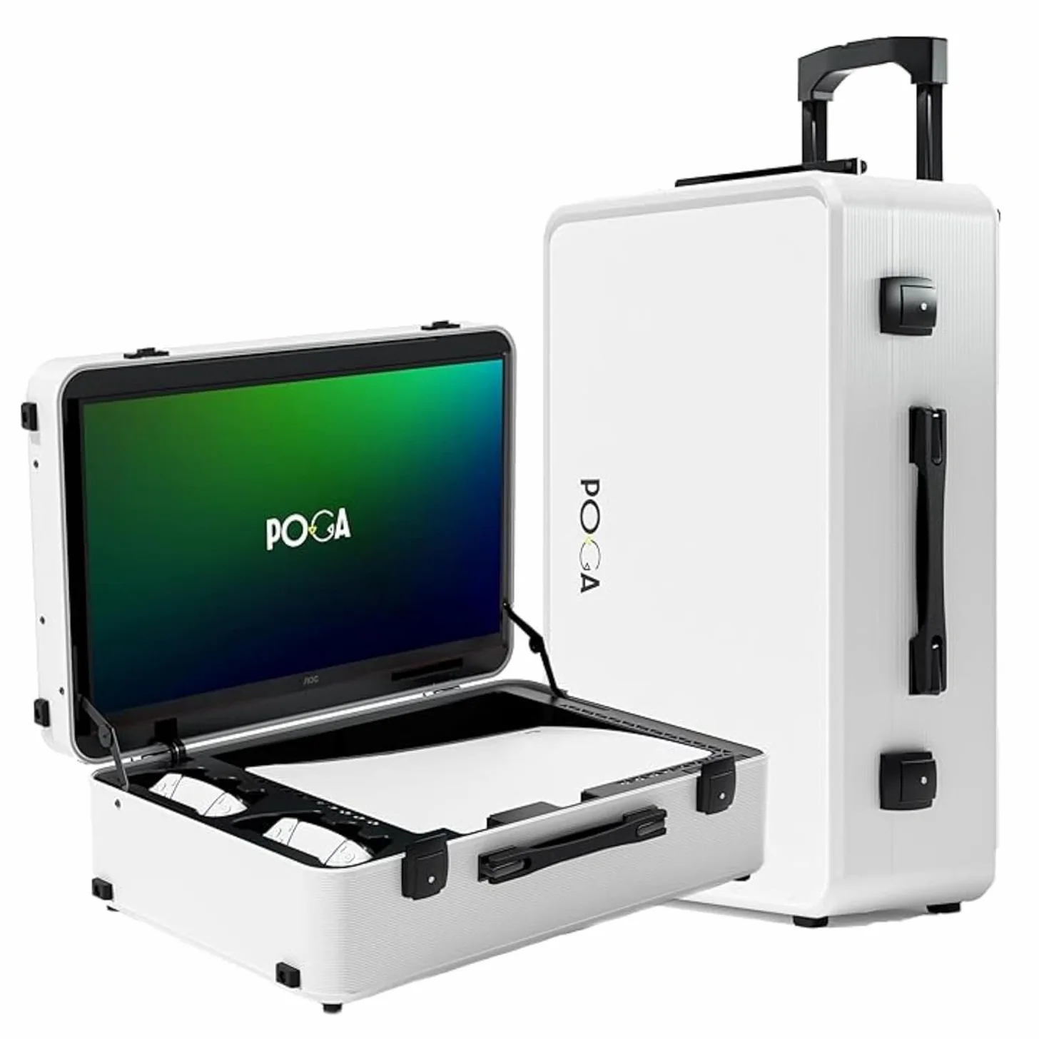 POGA LUX White Valigia da Gaming (compatibile con Playstation 5) inclusi trolley e monitor da gaming AOC da 24'' - Bianco (V2 - altoparlante Bluetooth opzionale), bianco